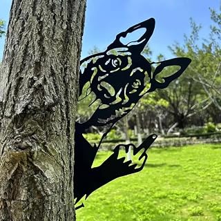 Funny Peeking Squirrel Metal Sign, Middle Finger Garden Yard Art Decor, Rustic Animal Wall Ornament for Tree, Fence, Outdoor Farmhouse, Bigfoot Gag Gift (#Dog, 15")
