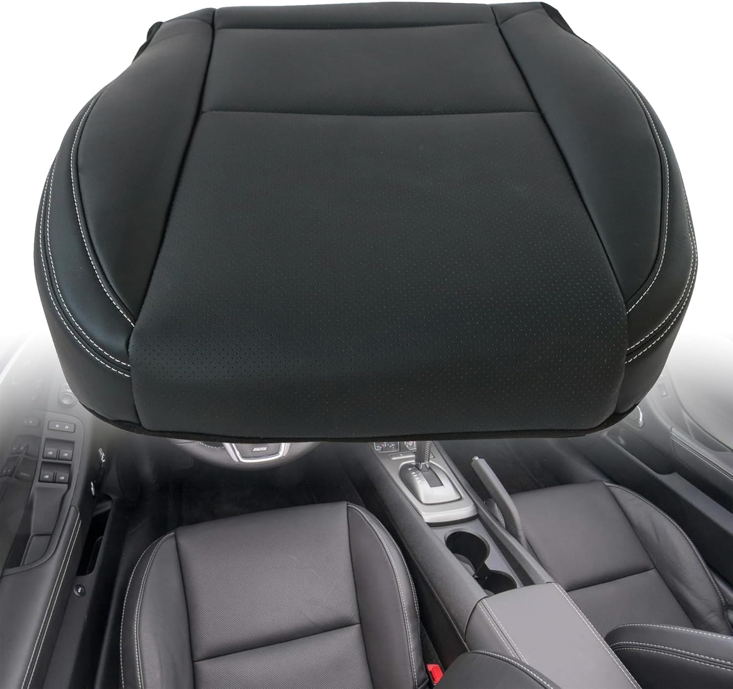 GXARTS Driver & Passenger Side Bottom & Top Lean Back Seat Covers & Headrest Cover Black Perforated Leather White Line Replacement Compatible with Chevrolet Camaro 2010 2011 2012 2013 2014 2015