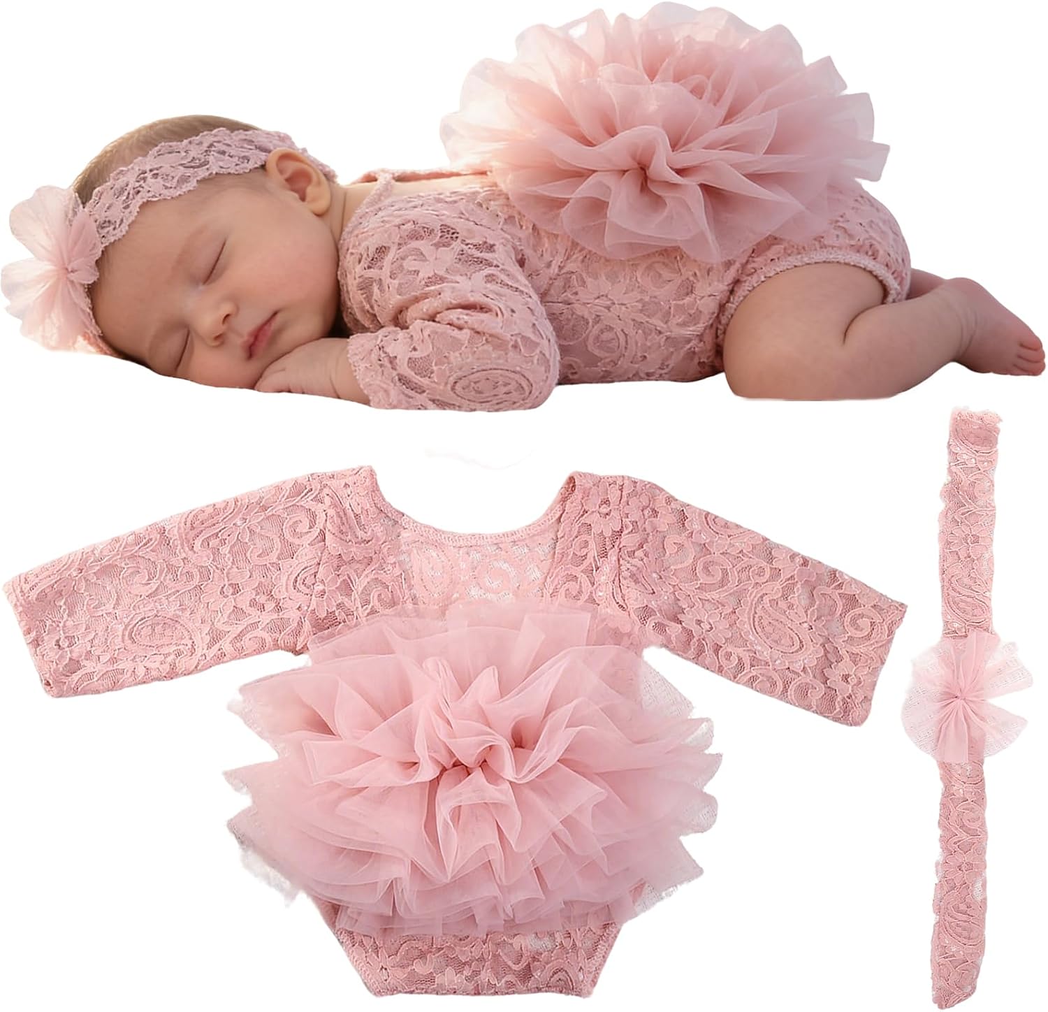 Newborn Photography Props, 2 Pieces Newborn Lace Romper with Tulle Flower Headband for Memory Photography