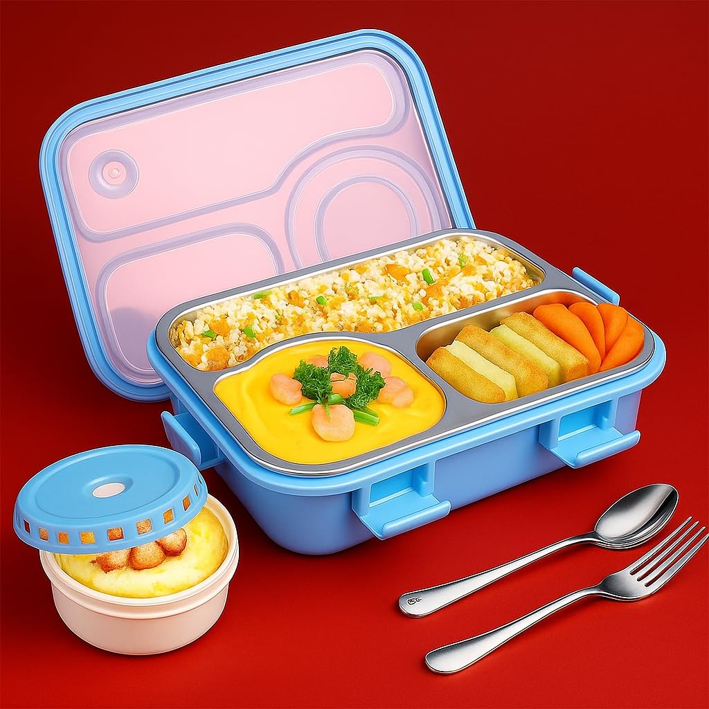 Umadiya® Lunch Box 3 Compartment Out Side-Leak-Proof BPA Free Stainless Steel, Lunch Box for Kids, Lunch Box for School & Office with a Fork, a Spoon and a Pair of Chopsticks 750 ml(Blue)