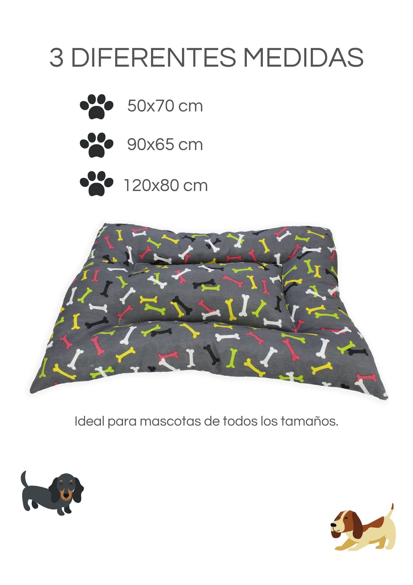 Acomoda Textil – Cama para Perros de Tela, Cama Perros Reversible y Lavable. Colchoneta Mascotas para Transportín y Hogar. (50x70, Huesos)
