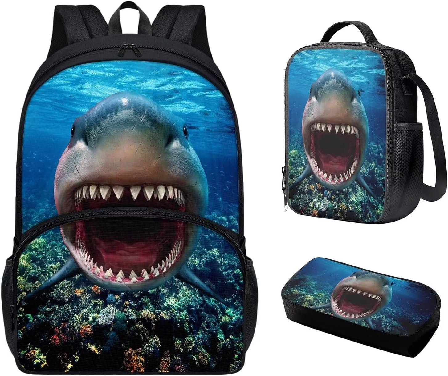 HUIACONG Ocean Shark Backpack 3 Set Boys Kids Lightweight Daypack with Lunch Bag and Pencil Pouch Student Travel Bookbag 3 Piece Set Mochilas Escolares Para NiñOs