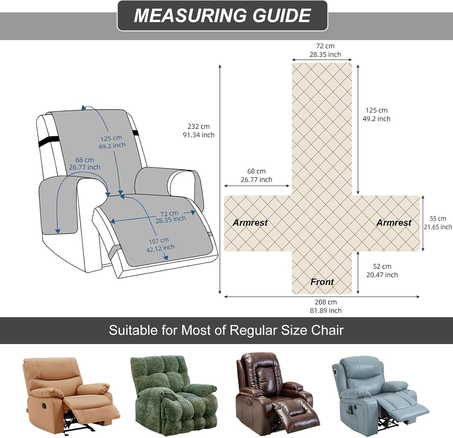 100% Waterproof Recliner Chair Cover, Recliner Chair Covers for Reclining Chair, Non-Slip Fabric Recliner Couch Cover for Living Room, for Pets Kids Protector, Washable (Beige, 28"Recliner Chair)