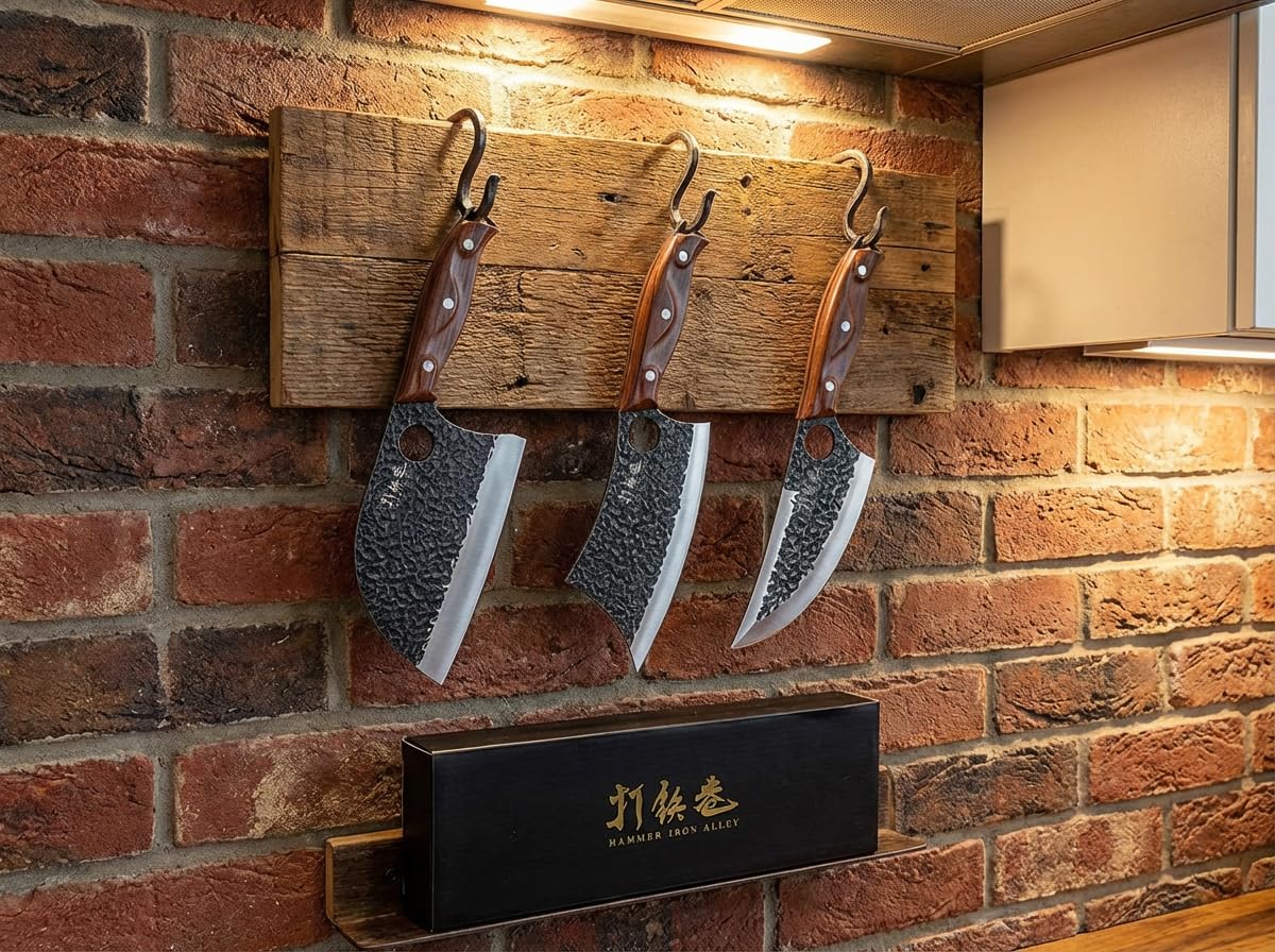 3PCS Butcher Knife Set, 7" Butcher Meat Cleaver, 7" Serbian Chef Knife and 6.5" Viking Knife, Hand Forged Kitchen Knife Set with Plastic Handle, Geat for Home, Camping, BBQ (Unique Finger Hole Design) — Amazon image 6