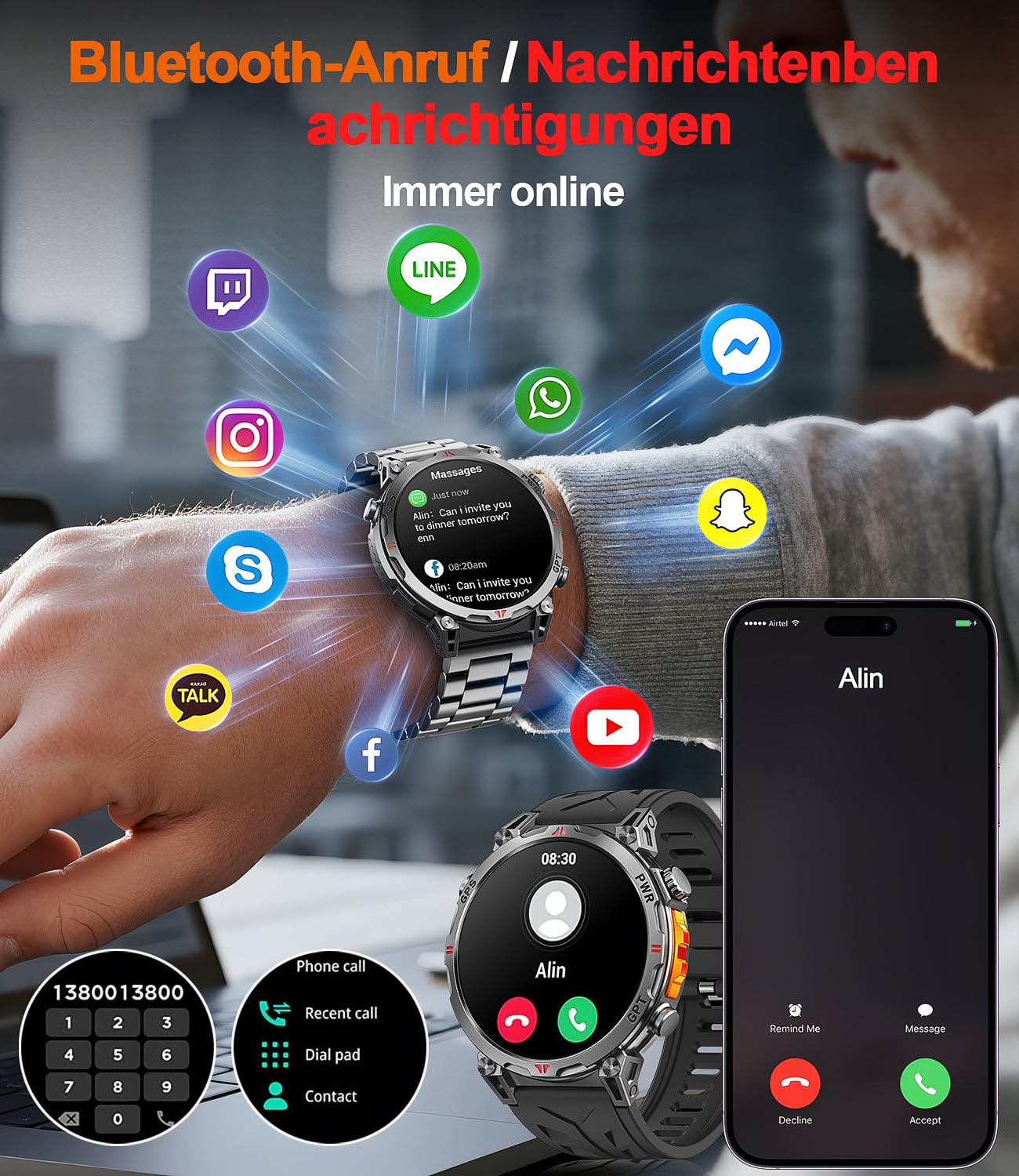 GPS Smartwatch Herren, Militär Smartwatch GPS Sportuhr 1.6" AMOLED Display,Telefoniefunktion, Herzfrequenz, Schlaf, 5 GPS-Sportmodi, 100+ Sportmodi Fitnessuhr für Android iOS