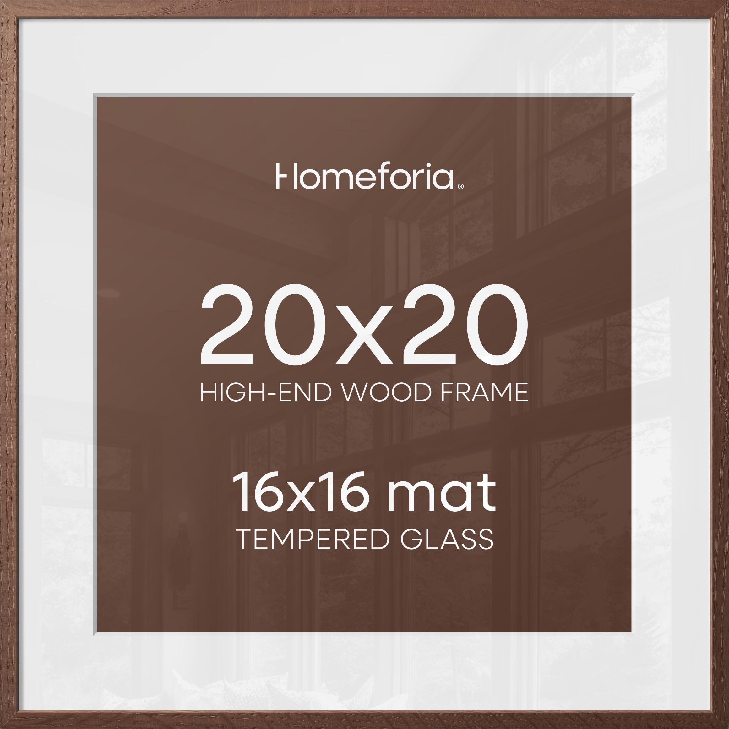 Homeforia 20x20 Brown Picture Frame, High End Dark Oak 20 x 20 Square Wood Frame with Mat 16 x 16 for Photo, 20by20 Wooden Walnut Poster Frame Matted to 16x16 Print, Tempered Glass, Wall Kit, Set of 1