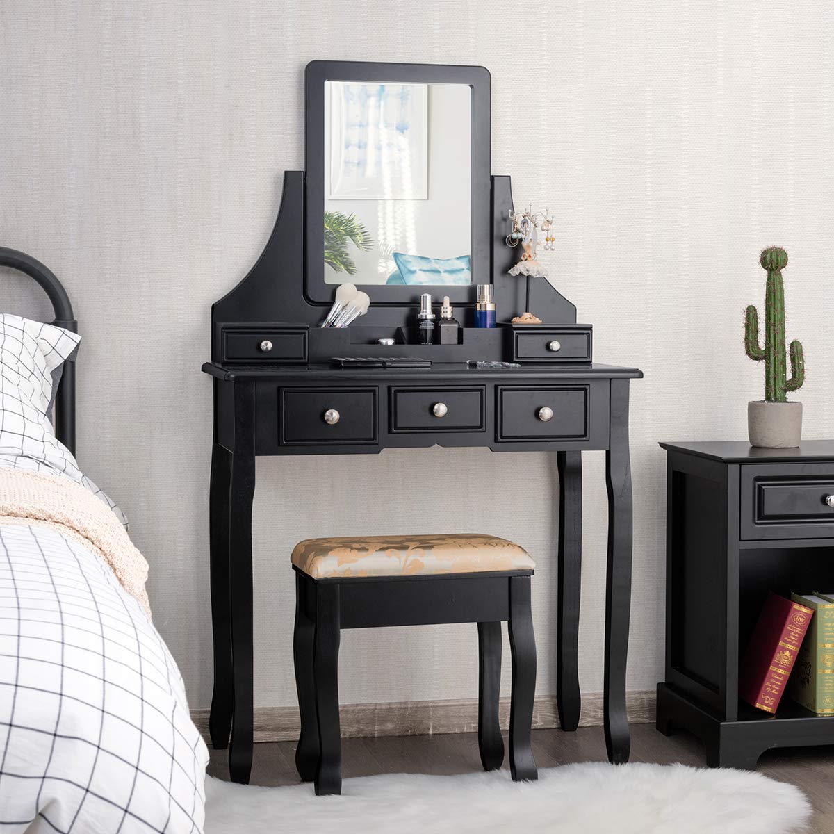 Tocador De Maquillaje Con Espejo Y 5 Cajones - Negro, MDF, 80x40x135 Cm, Ideal Para Dormitorio Y Organización