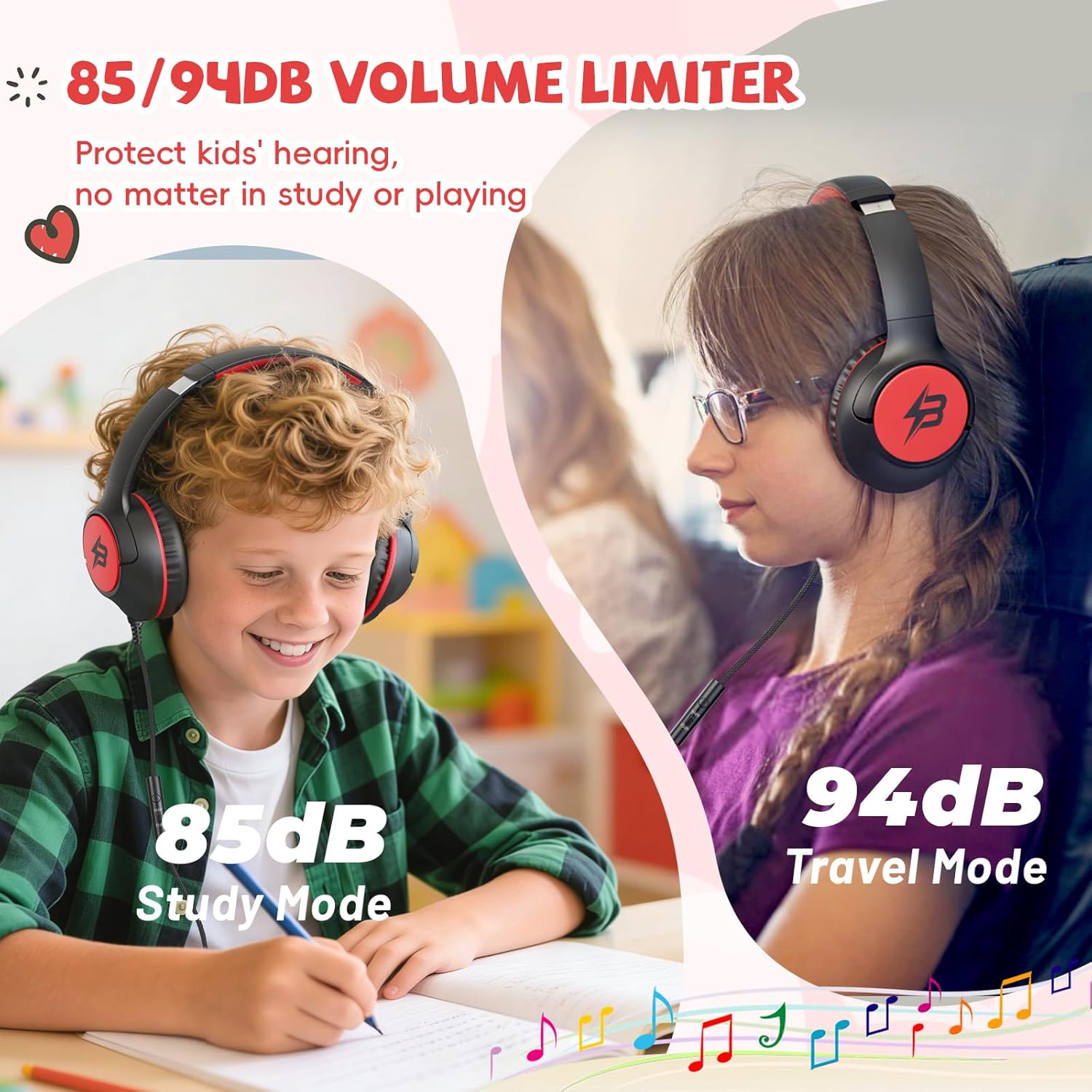USB C Kids Headphones Wired with Mic, 85/94 dB Volume Limit, Over Ear Headphones for Kids Boys Girls, Foldable Stereo Sound Wired Headphones for School/Tablet/Travel, Black Red - Image 3