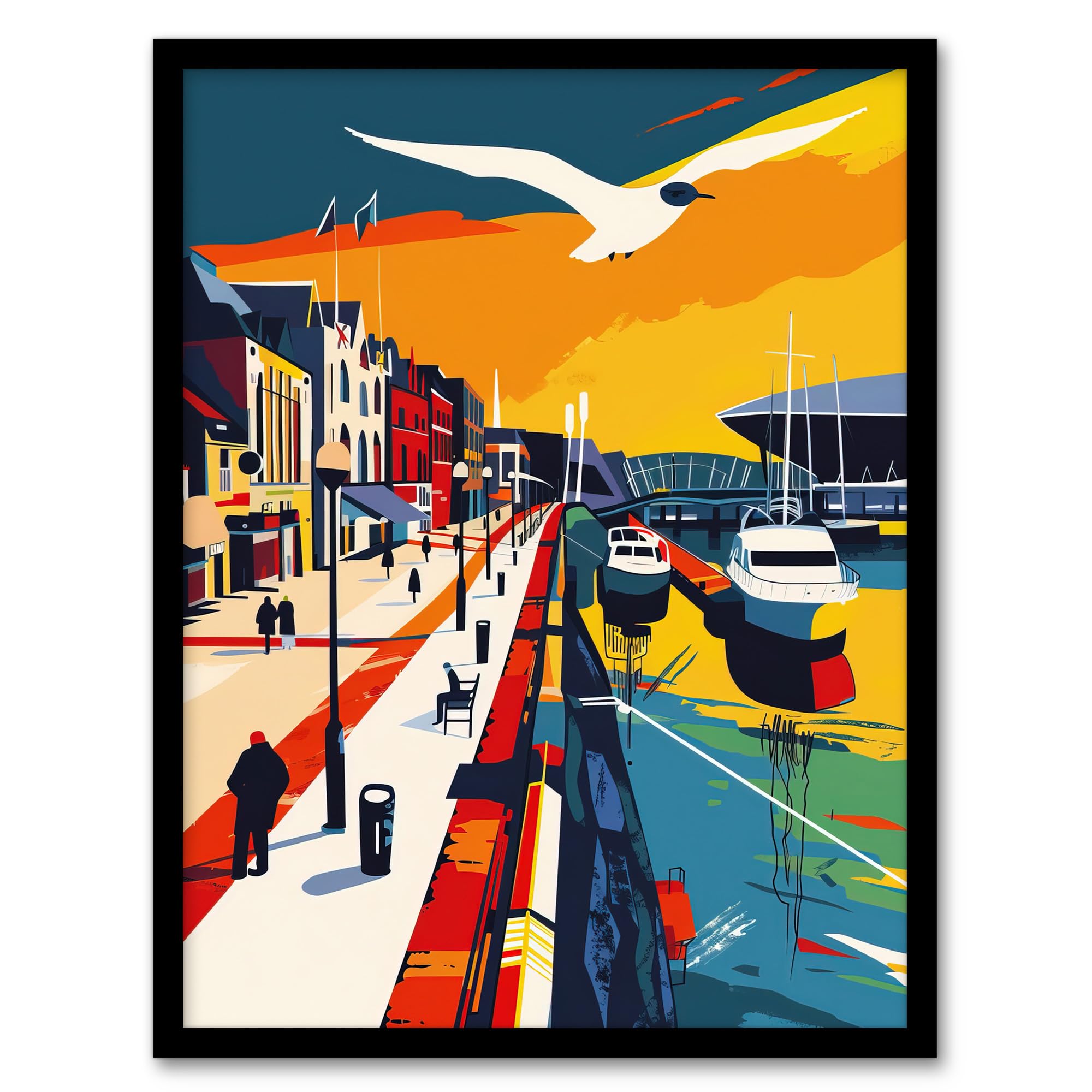 Artery8 Bright Colourful Cardiff Bay Artwork Bold Sunset Living Room Artwork Framed Wall Art Print A4