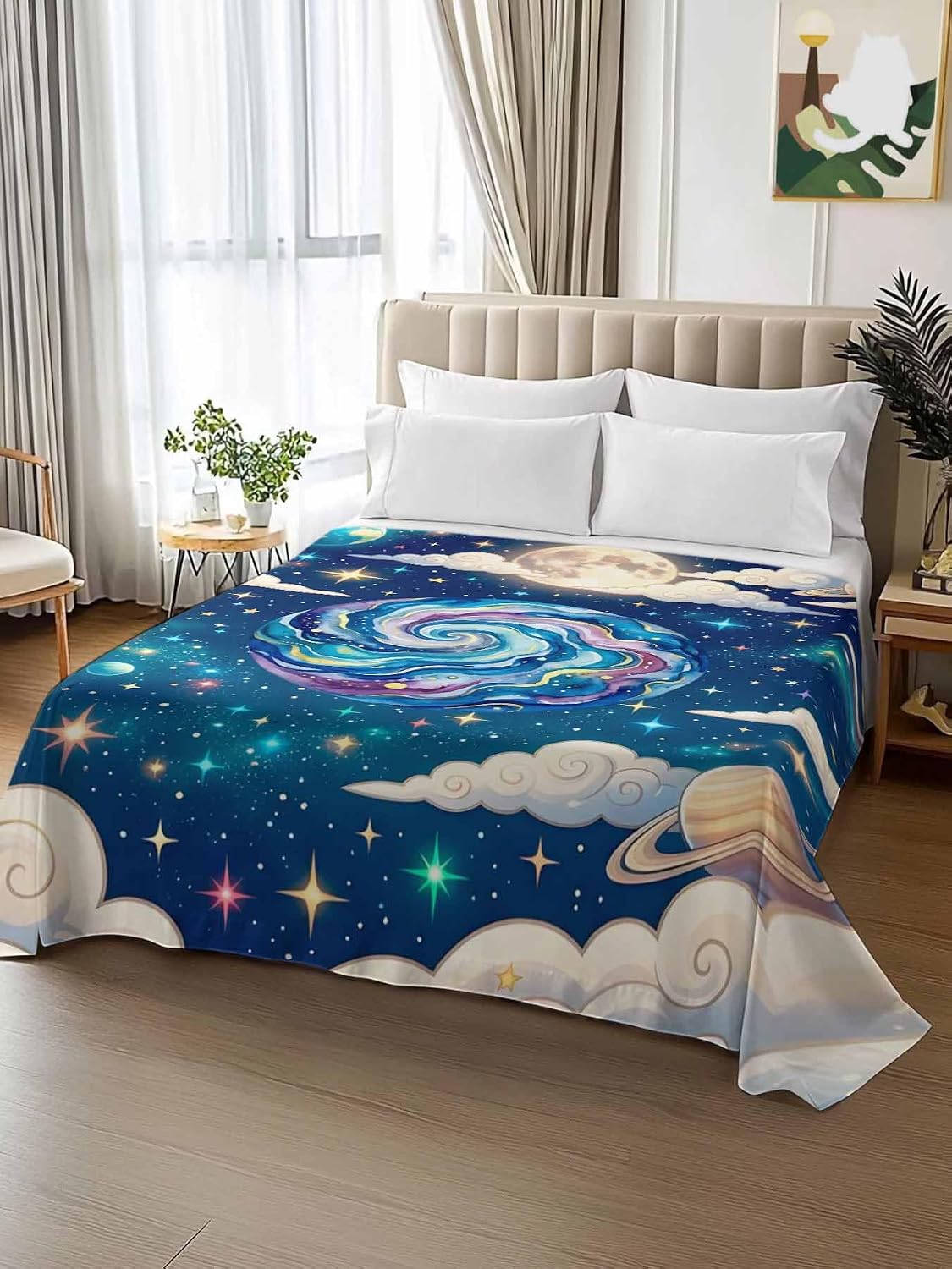 Full Flat Sheet, Children's Day Full Bed Sheets Only, Soft Microfiber Flat Sheet, Galaxy Universe Stars Starry Sky Rocket Hotel Quality Bedding Top Sheet Bedroom Home Dorm Decor