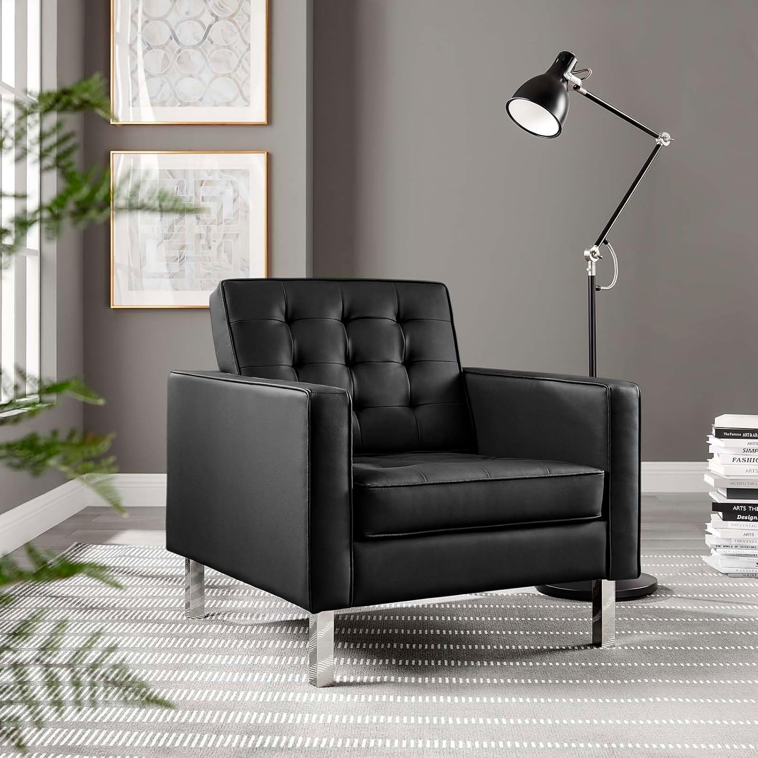 Modway Loft Tufted Button Faux Leather Upholstered Accent Armchair in Silver Black