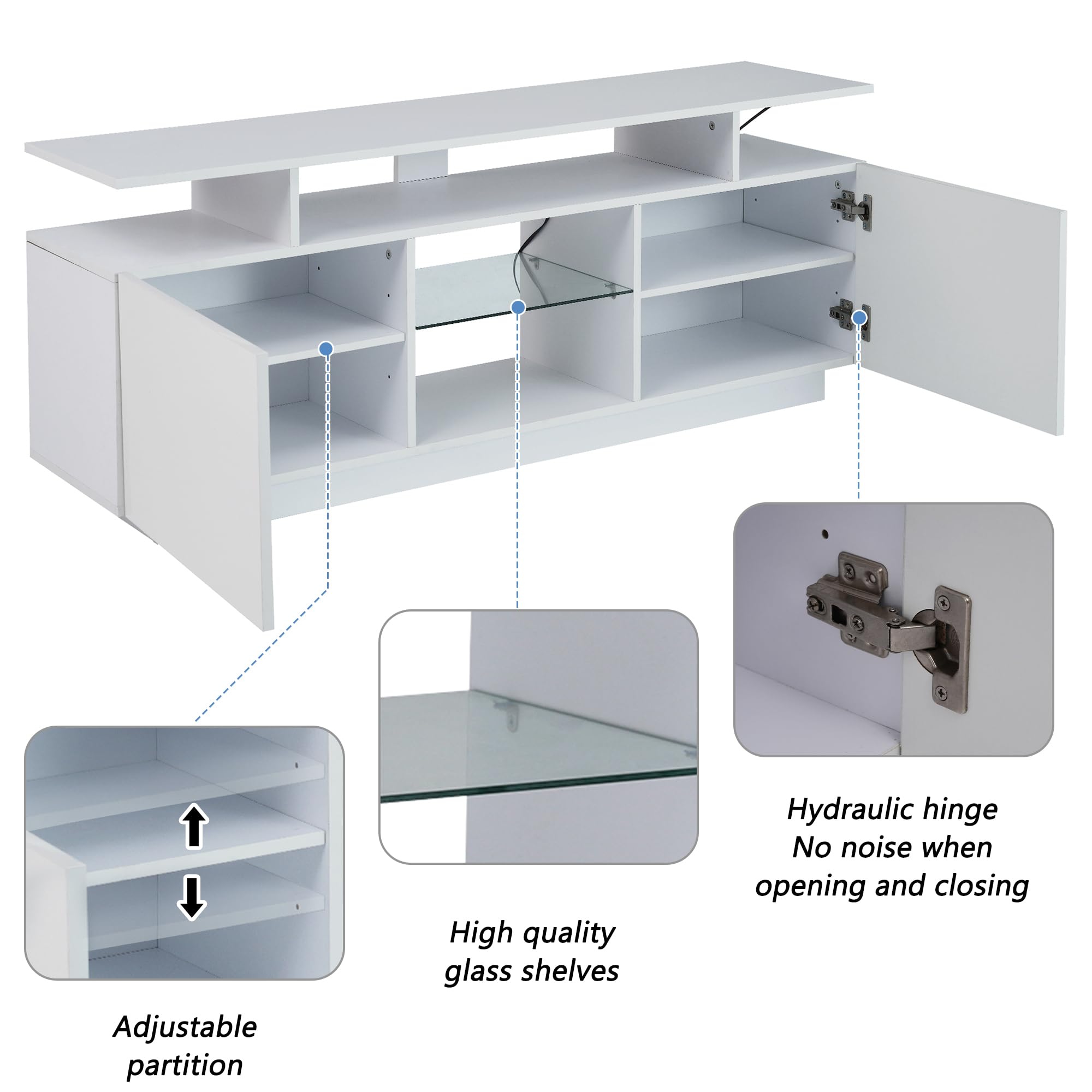 Mueble para TV con Puertas Brillo Y Luces LED Controladas por App Mesa De TV Funcional con Compartimentos Abiertos Y Almacenaje para Salon Moderno