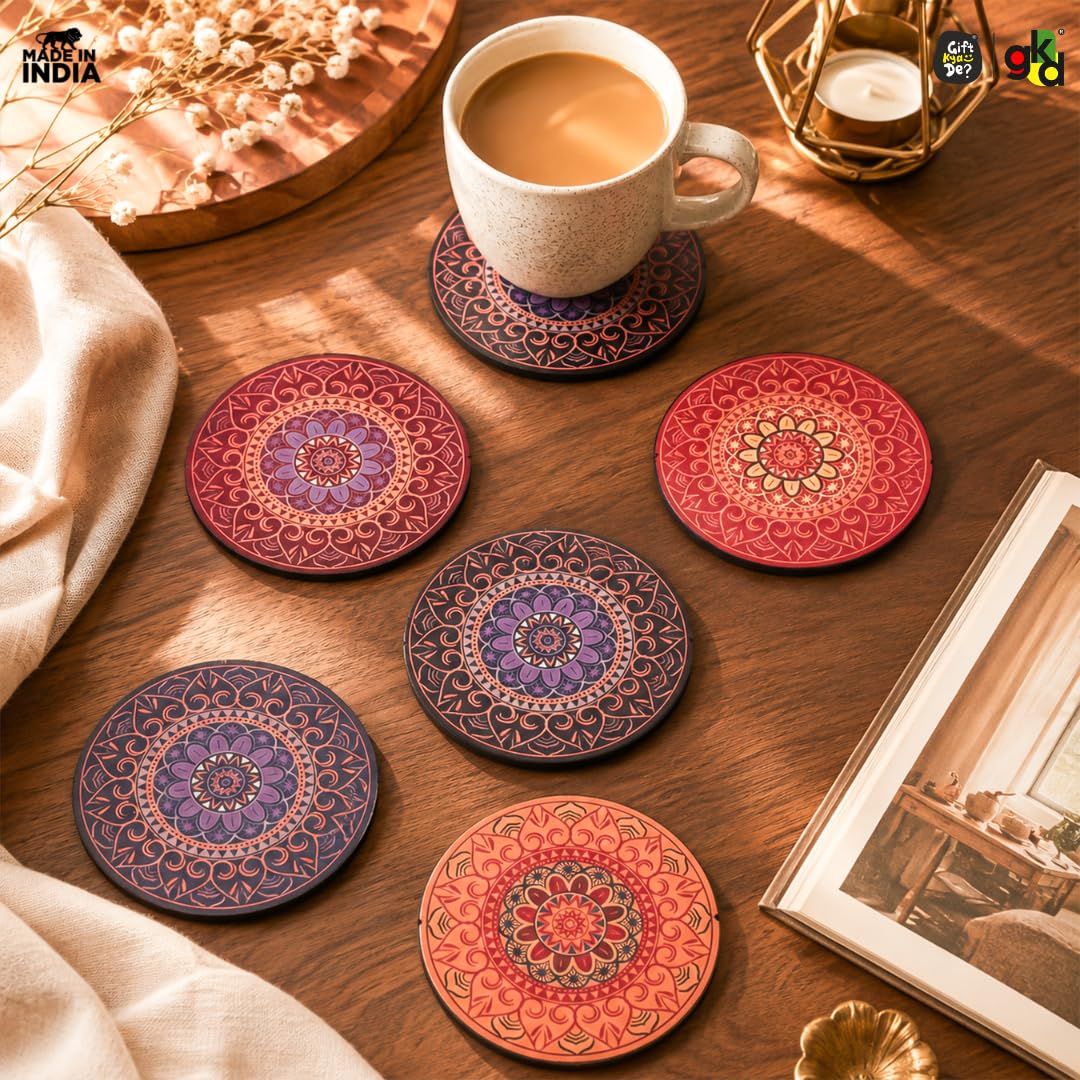 GKD Coaster Set of 6 Beautiful Wooden Coasters with Proper Coaster Stand Designer Coaster Set fit for Tea Cups, Coffee Mugs and Glasses (6 pc Round 3.5 x 3.5 inch) Multi Color 4
