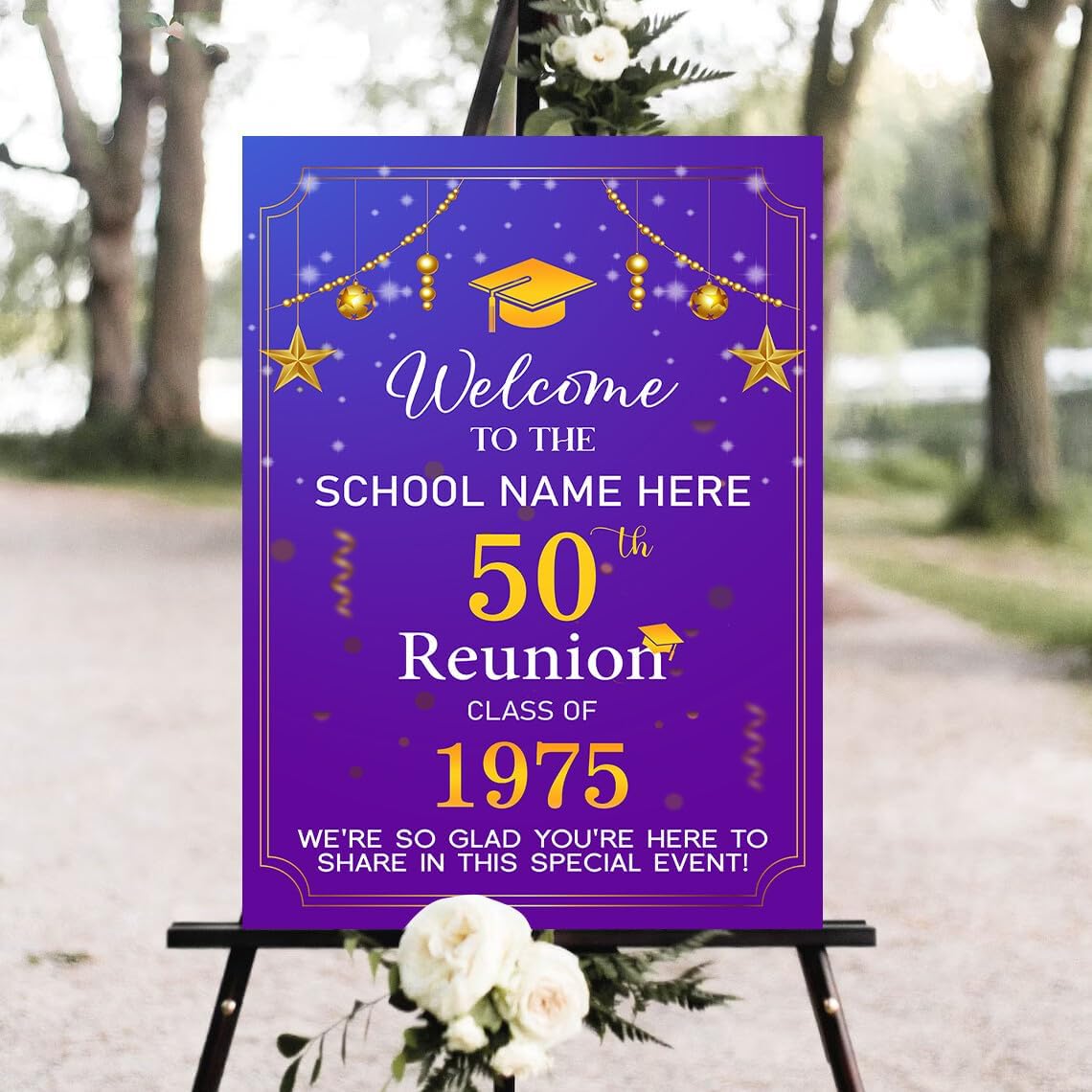 Personalized 50th Class Reunion Welcome Sign, 12" x 18" Plastic Yard Sign with Metal Stakes