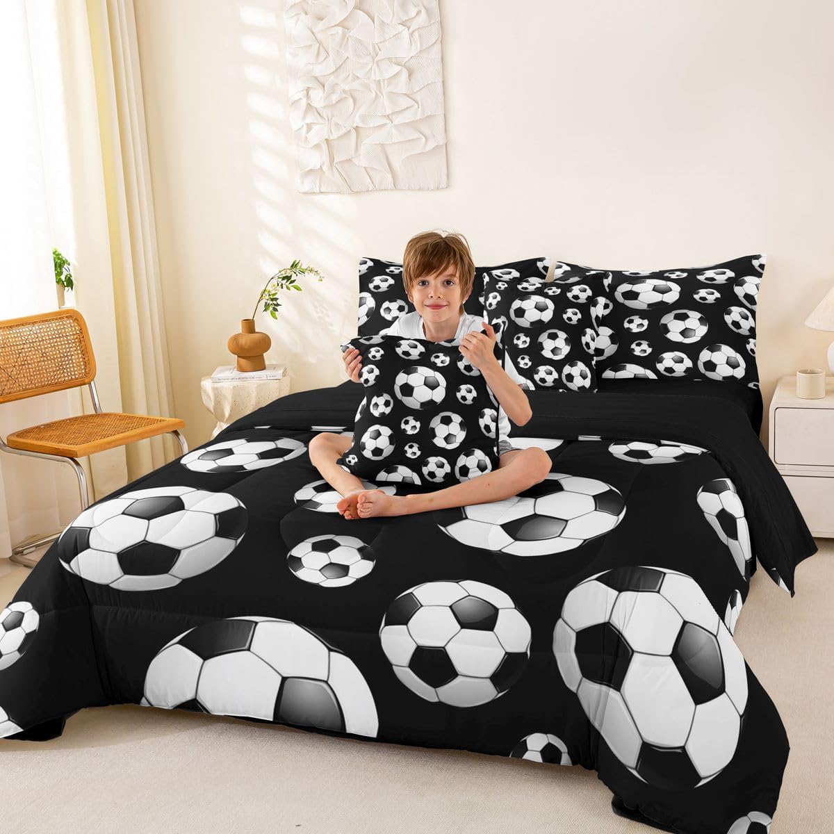 Feelyou Football Soccer 7 Piece Bedding Set Soccer Ball Game Comforter Set with Sheets for Kids Boys Girls Black White Bed in a Bag Gift for Football Lover Bed Set Soft Lightweight