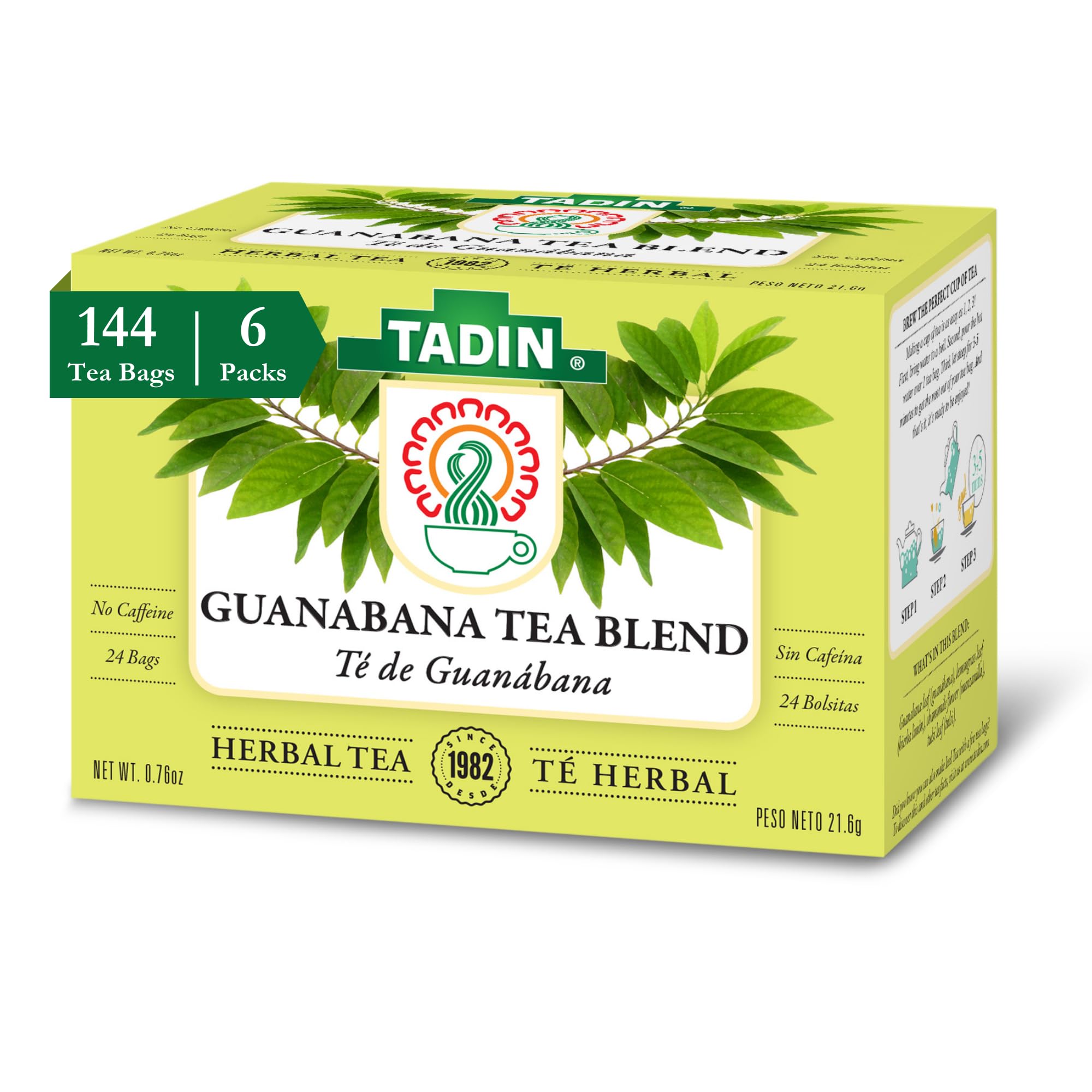 Guanabana Tea, Soursop Tea, Herbal Tea, Caffeine Free, Decaffeinated, 24 Tea Bags Per Box, Pack of 6
