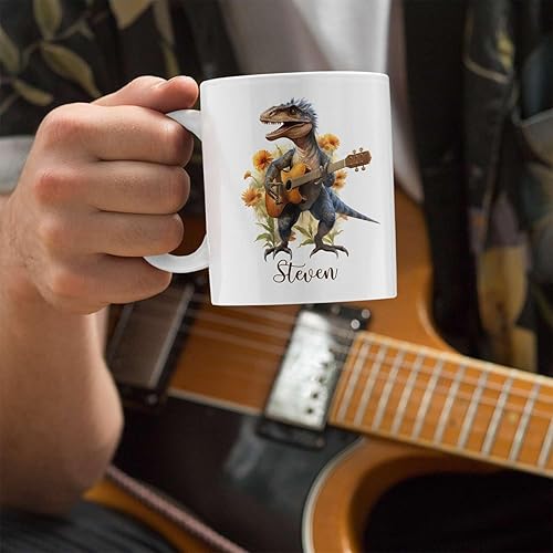 Miniatura 4 de Taza personalizada de dinosaurio para tocar la guitarra, taza de té de dinosaurio personalizada con nombre, taza de café única de dinosaurio, regalo