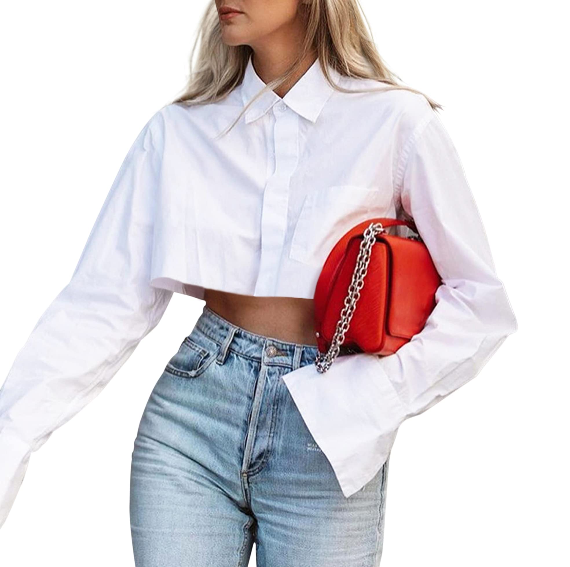 SAFRISIORWomen Solid Button Down Turn Down Collar Crop Shirt Long Sleeve Loose Aesthetic Irregular Crop Blouse Tee Top