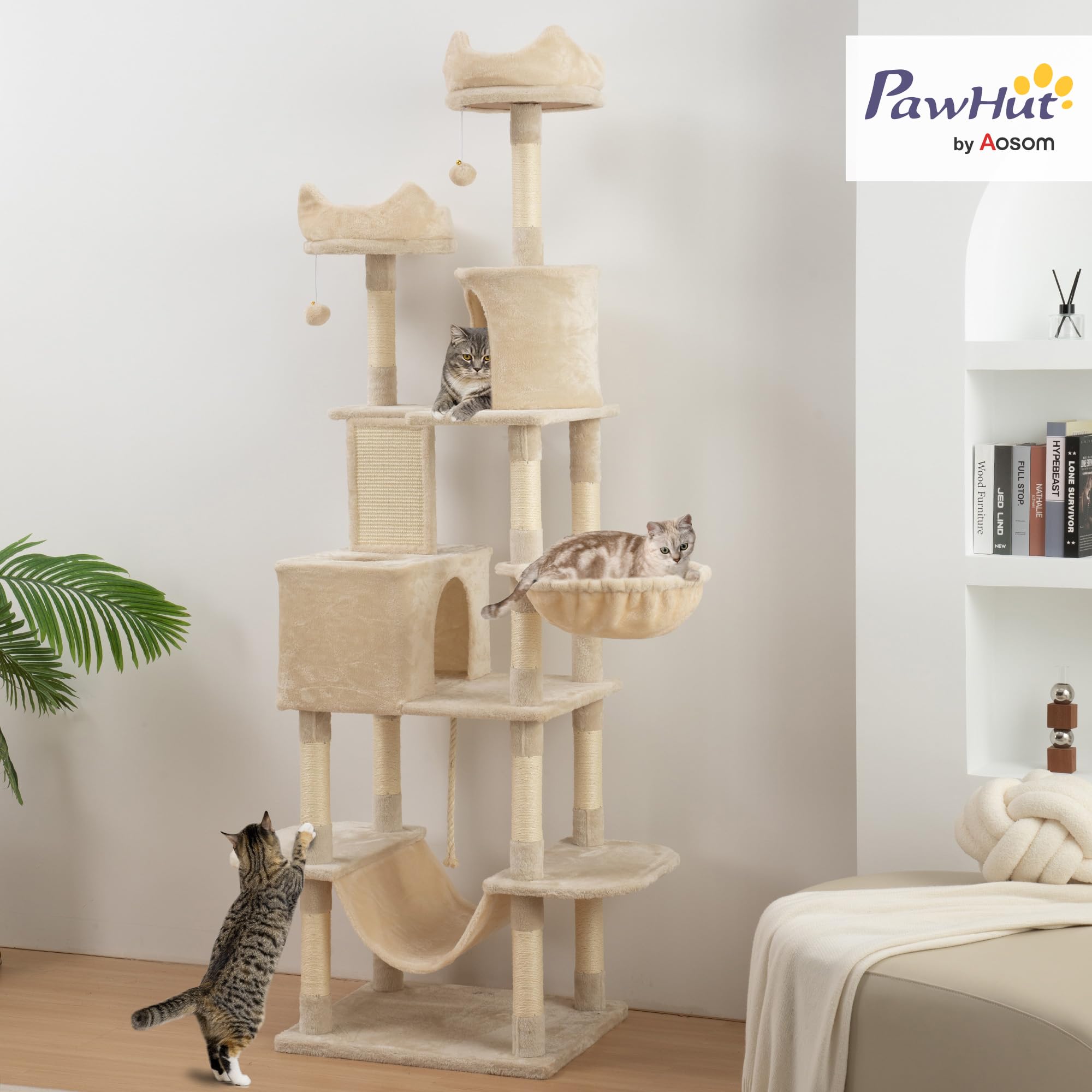 PawHut Rascador para Gatos Grande Altura 206 cm con Cuevas Hamacas Beige | Árbol para Gatos, Torre de Escalera, Plataformas, Bolas Colgantes