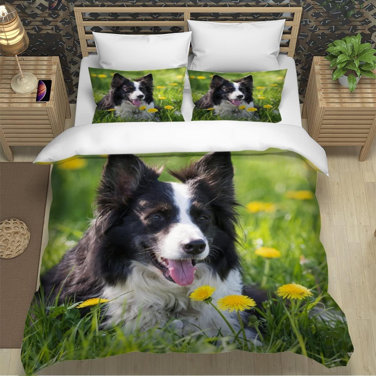 Housse de couette 220x240 Border Collie : parure de lit 2 personnes microfibre 3D