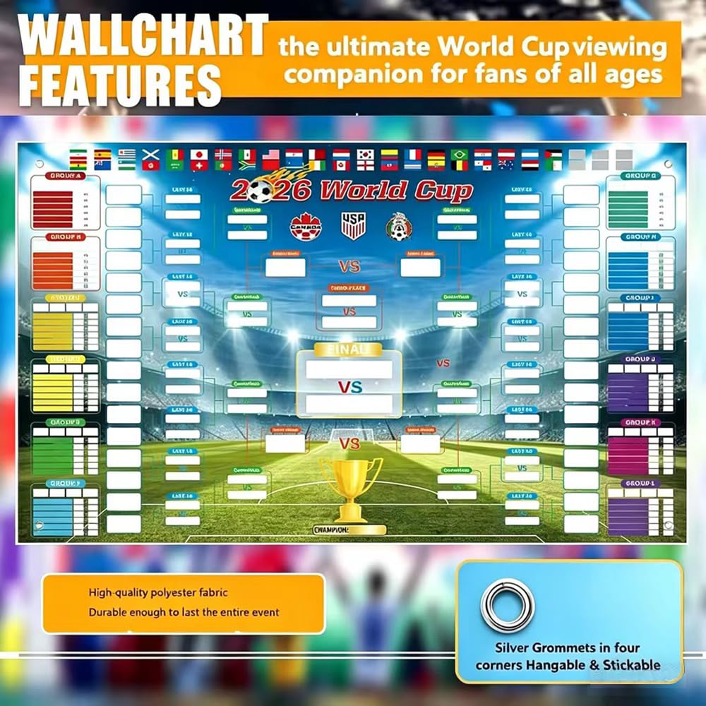 Shengou 60×84cm Fútbol M 2026 Wallchart con 2 Bolígrafos, Fijaciones Copa Mundial de Fútbol