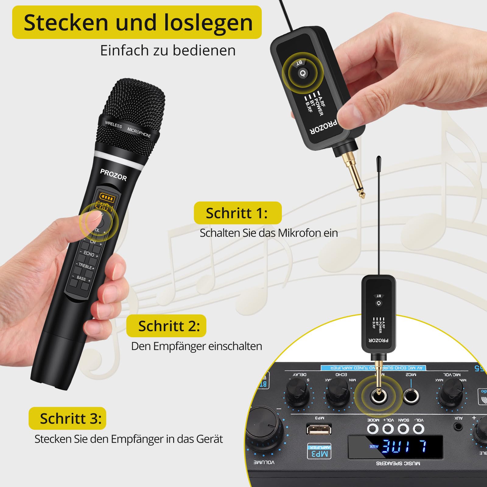 PROZOR Drahtloses Mikrofon Dual UHF Metall Handmikrofon mit Höhen-Bass-Echo-Steuerung, wiederaufladbar Empfänger, Drahtloses Mikrofonsystem für Gesangsparty, DJ, Hochzeit, Lautsprecher, Verstärker