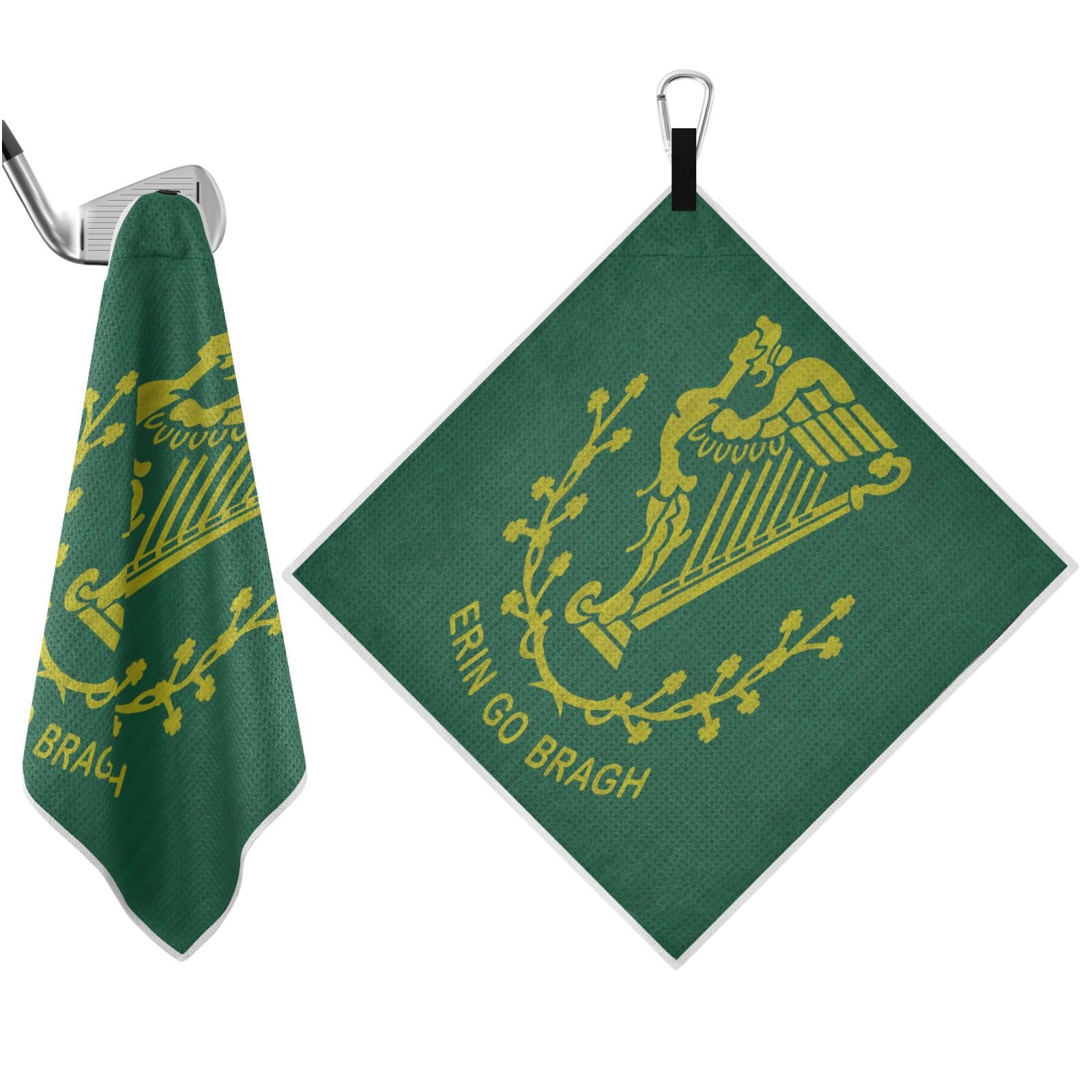tplaotee Erin Go Bragh Flag Ireland Green Golf Towels Waffle Pattern, Ultra-Absorbent Towels for Golf with Carabiner Clip, 18"x18" Golf Accessories and Gifts for Men Women