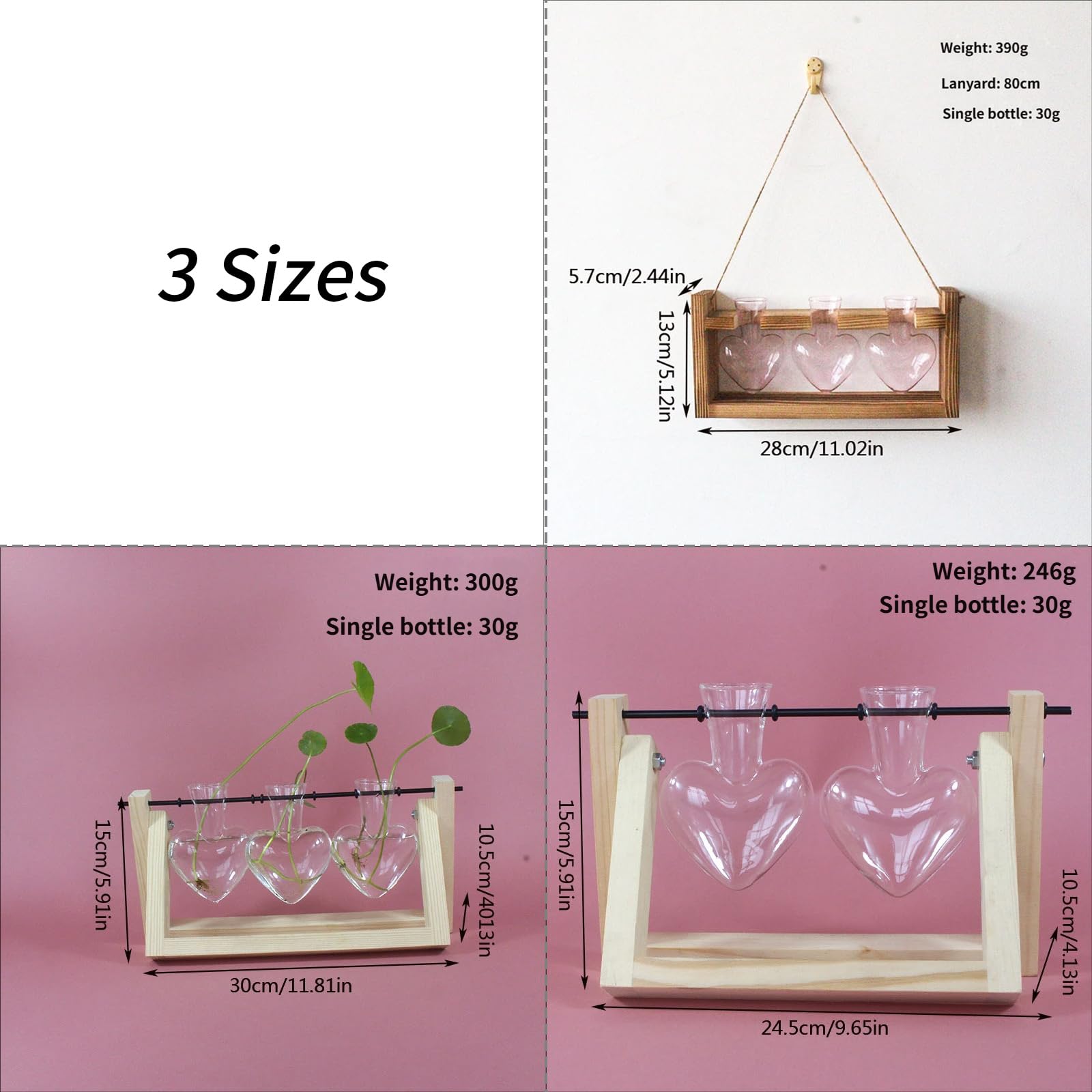 Station de Propagation de Terrarium de Vase en Verre Transparent en Forme de cœur avec en Bois pour Jardinage intérieur jardinière hydroponique Vase de jardinière hydroponique