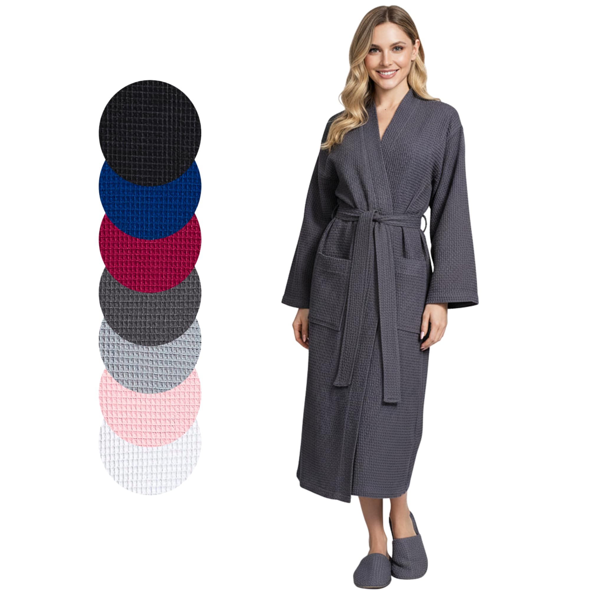 Lotus Linen Long Waffle Cotton Robes for Women – Monogram, Lightweight, Soft Kimono Spa Bathrobe with Pockets