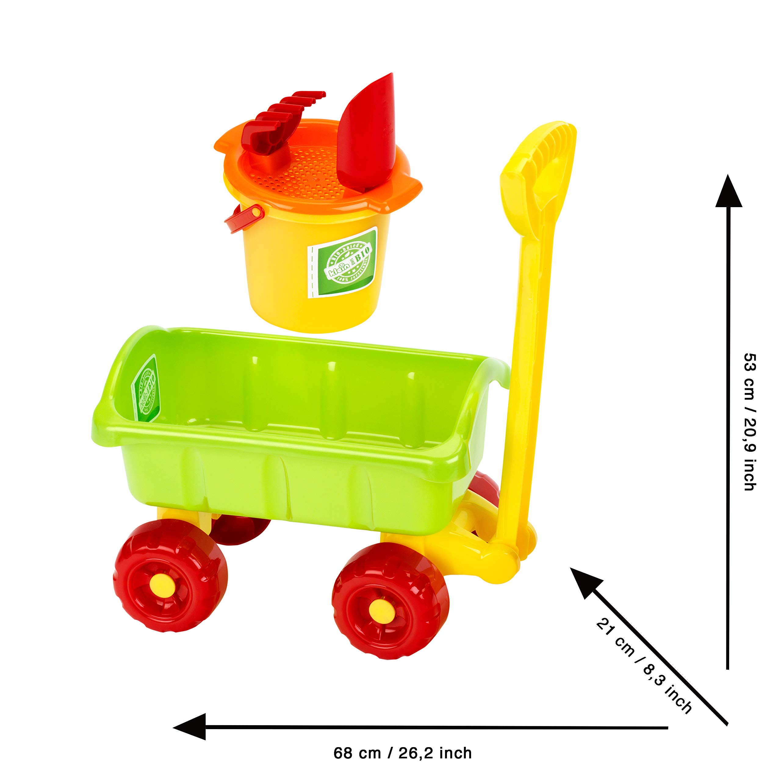 Theo Klein 7619 KLEIN goes BIO Chariot de Plage Robuste Chariot de Plage en Bioplastique avec Seau Râteau Pelle et Tamis Jouet pour Enfants à Partir d'un an