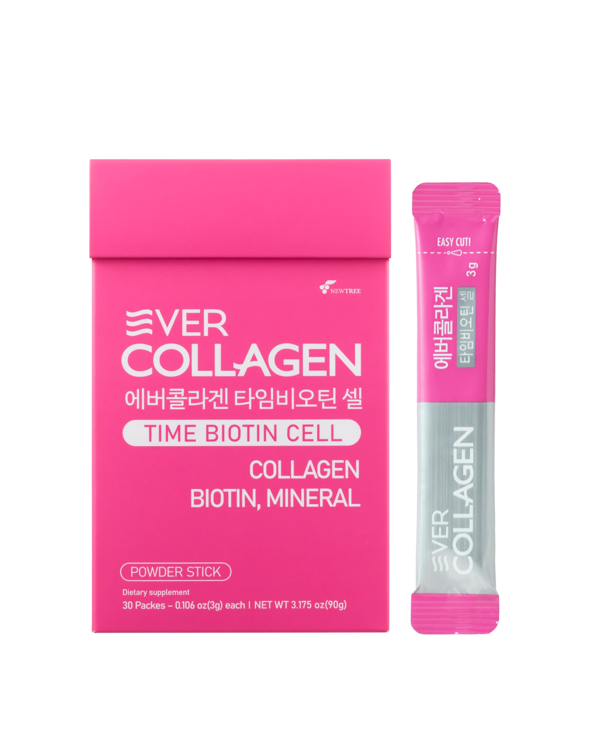 Time Biotin Cell | Korean Collagen and Biotin Beauty Supplement | Low Molecular Marine Collagen Peptides Powder for Skin, Hair and Nails | Collagen Packets for Travel | 30 Sticks
