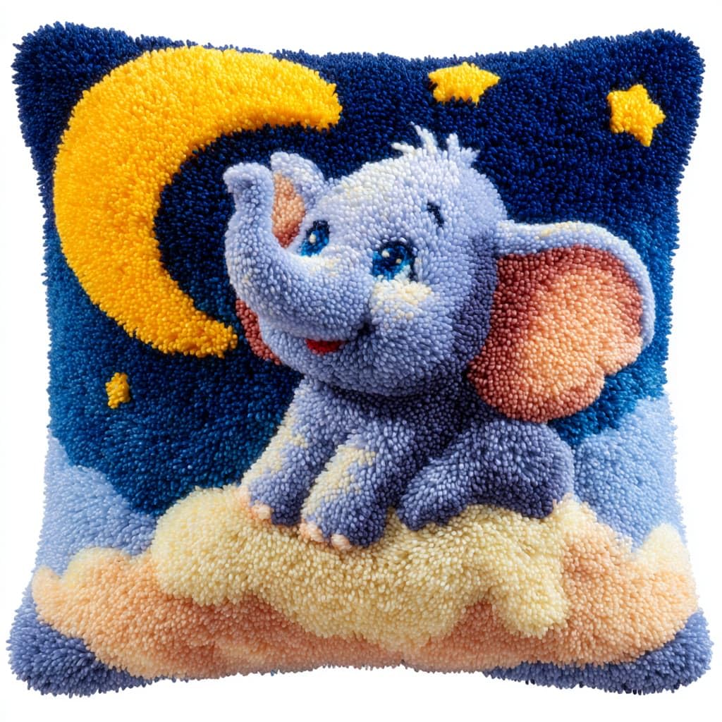 Taxpy Latch Hook Kits, Elephant and Moon Pillow for Pillow Pre-Printed Patterns Pillowcase Needlework Crochet Yarns Latch Hooking Cushion 17x17inch
