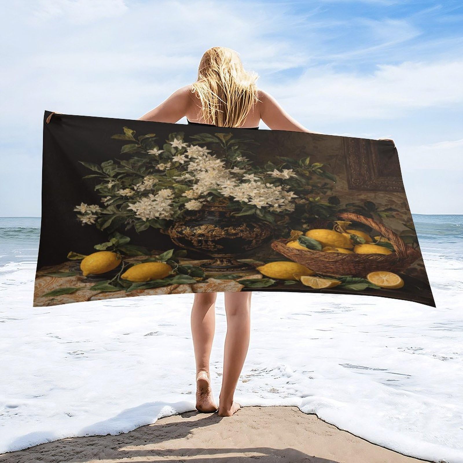 Luyysky Beautiful Abstract Fruit Lemon Quick-Drying Beach Towel, Vintage Colorful Italian Theme Plant Flower Tropical Lemon Travel Vacation Single Sided Pile Bathroom Towels-80 W Cm X 160" L Cm