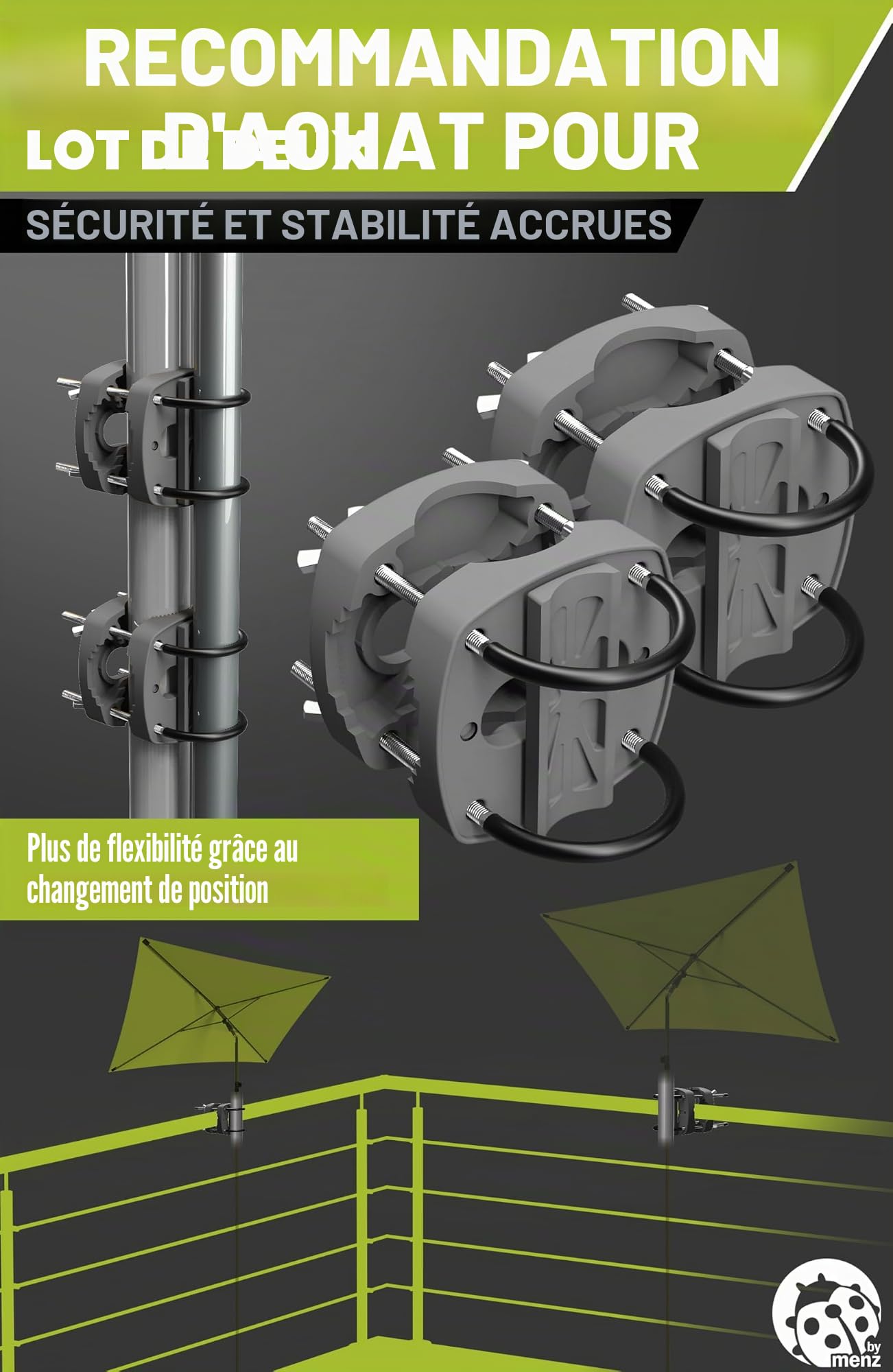 Menz Support de parasol pour balcon en gris - Support de parasol flexible pour balcon, Support de parasol solide et compact pour balcon