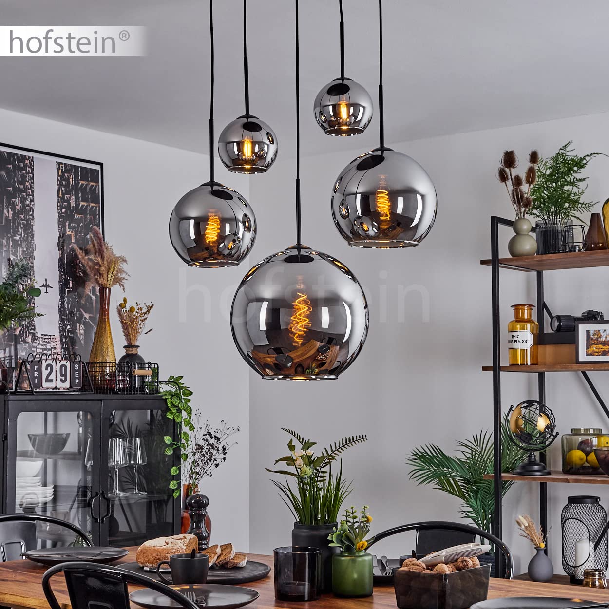 HOFSTEIN Hängeleuchte Koyoto, 5-flammige Hängelampe aus Metall/Glas in Schwarz/Chrom-/Rauchfarben, Pendelleuchte im Retro/Vintage-Design, Ø Schirme 15; 20; 25; 30 cm, E27, Esszimmer, Küche, Wohnzimmer