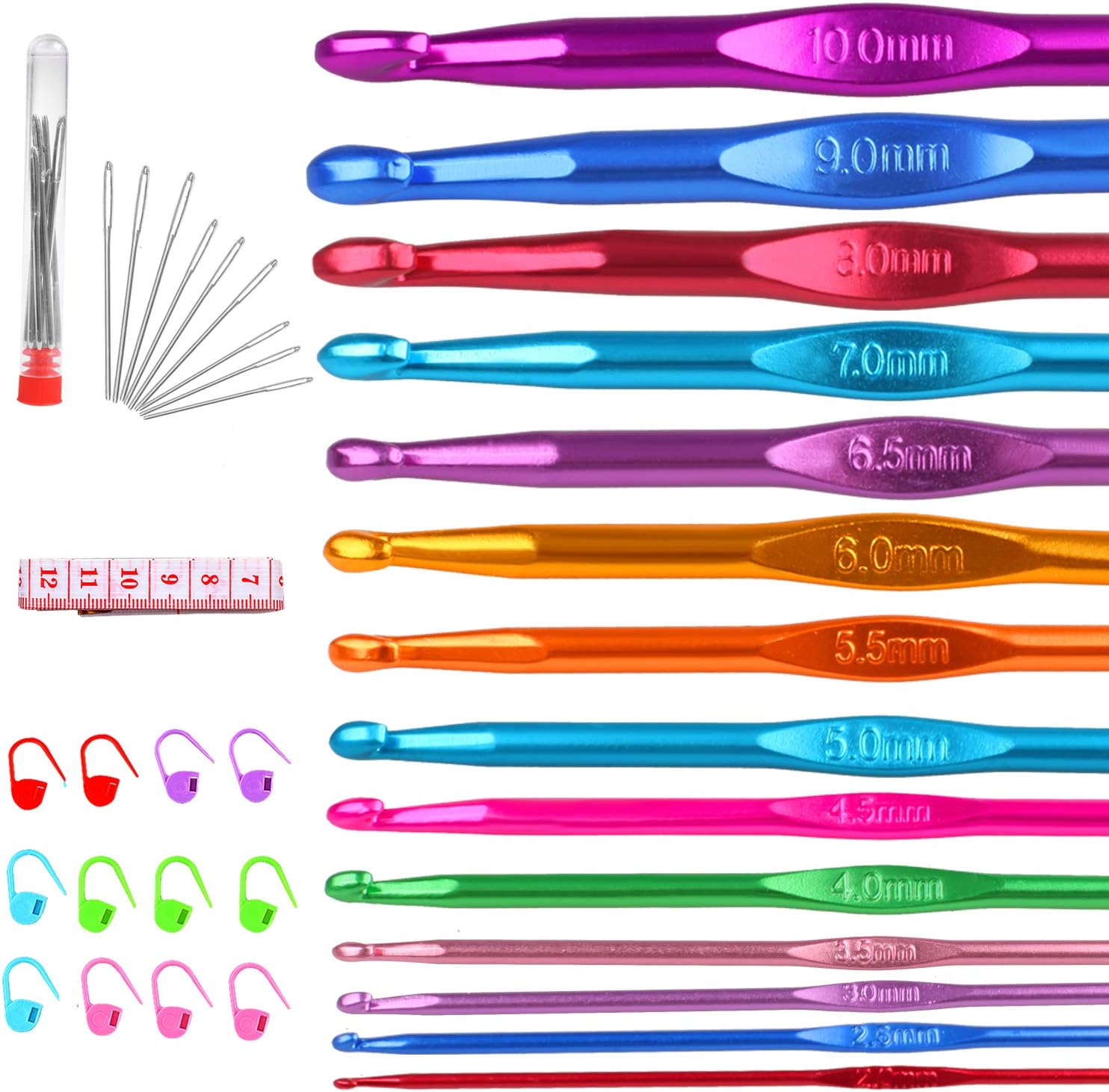 Crochet Hooks Set, FUNVCE 14 Pcs Aluminum Knitting Needles Kit with Marker Pins,Yarn Needles 2.0mm(B)-10mm(N) Crochet Hook Needle