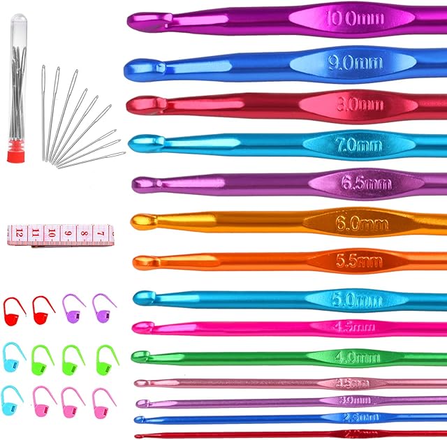 FUNVCE Crochet Hooks Set, 14 Pcs Large Eye Blunt Knitting Needles Kit with 12pcs Marker Pins,9pcs Yarn Needles and a Tape measure 2.0 mm(B)-10mm(N) Crochet Hook Needle