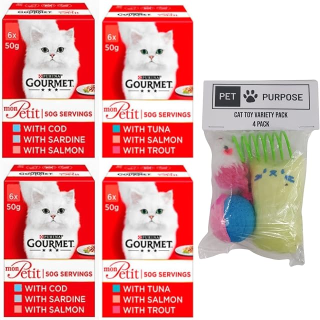 Gourmet Mon Petit Wet Cat Food | Fish Selection | 24x 50g Pouches - Tuna Salmon Trout Cod and Sardine Bundled with Pet Purpose Cat Toy Variety Pack