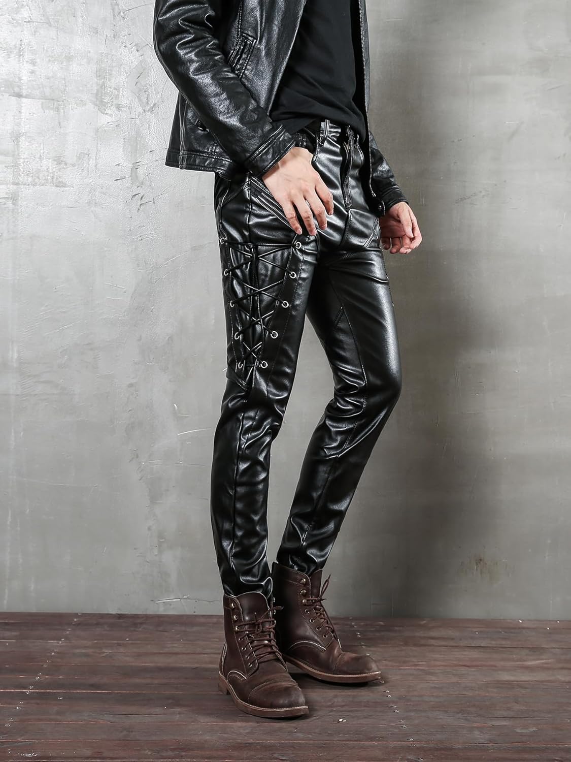 Idopy Men`s Rock Steampunk Lace Up PU Leather Pants Slim Fit - Image 3