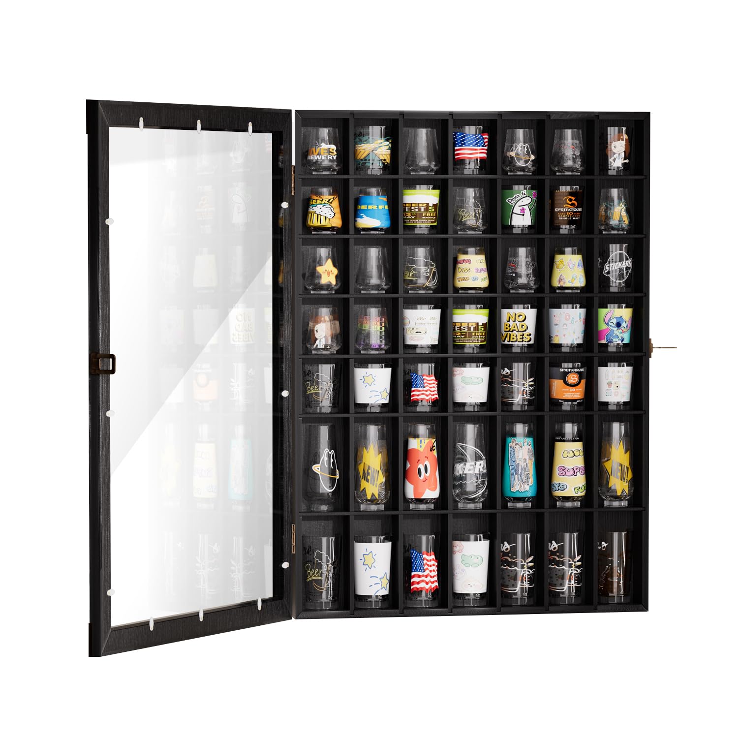 Tcatec Shot Glass Display Case Large Wood Cabinet Rack Holder with Acrylic Door 49 Slots Lockable Glass Display Holder Wall Mounted Storage Shadow Box for Room Decor (Black, 1 Pcs)