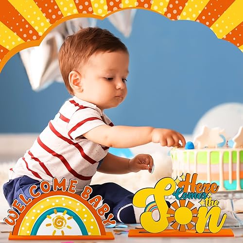 Miniatura 4 de 6 piezas Here Comes the Son - Decoraciones de baby shower, centro de mesa retro bohemio para decoración de mesa de madera, decoración de baby