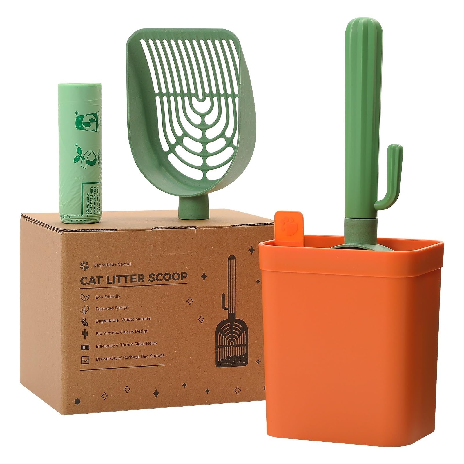 1 Set di Paletta for lettiera for Gatti Cactus con Supporto, setaccio for lettiera, Paletta sostituibile con Spazio di archiviazione