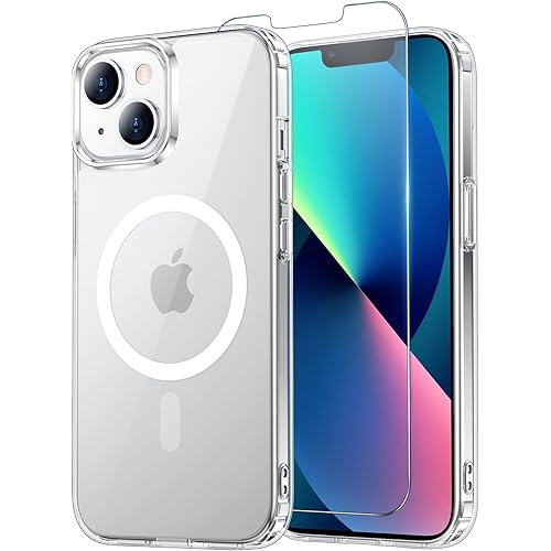 Temdan for iPhone 13 Case Clear with Screen Protector, Compatible with Magsafe, Anti-Yellowing, Military-Grade Protection, Shockproof Slim Magnetic Phone Case Cover, Transparent