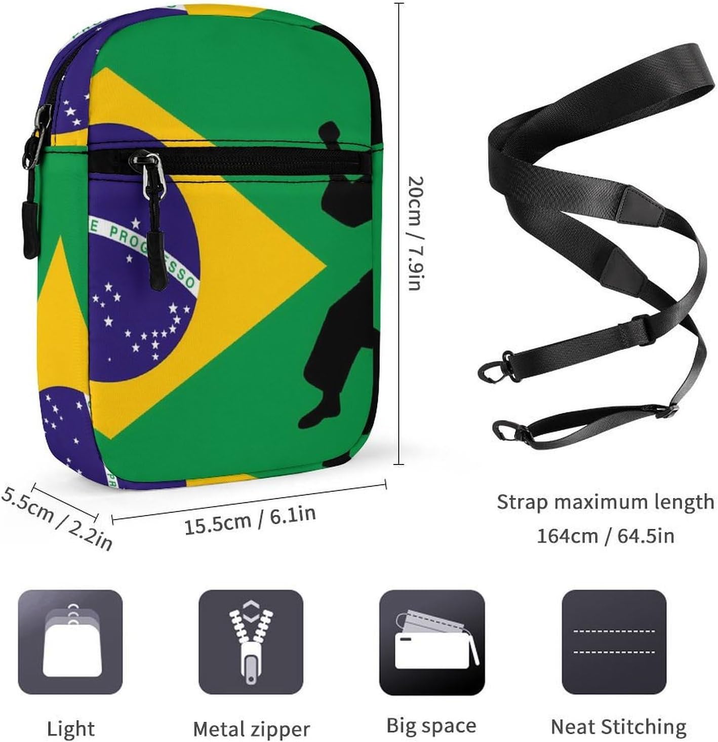 Brazil Jiu-Jitsu Brazilian Flag Small Crossbody Bag Sling Shoulder Satchel | for women men,work travel workout,detachable and adjustable shoulder strap
