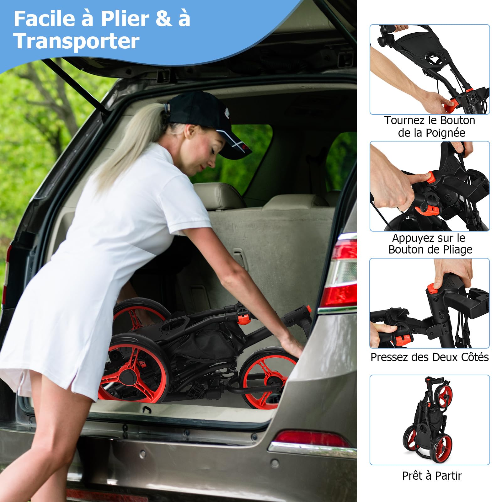 COSTWAY Chariot de Golf Pliable à 3 Roues Sangle Elastique, Porte-Parasol Réglable et Porte-gobelet Sac de Rangement Recouvert d'Aluminium pour Clubs de Golf Rouge/Vert/Bleu/Gris