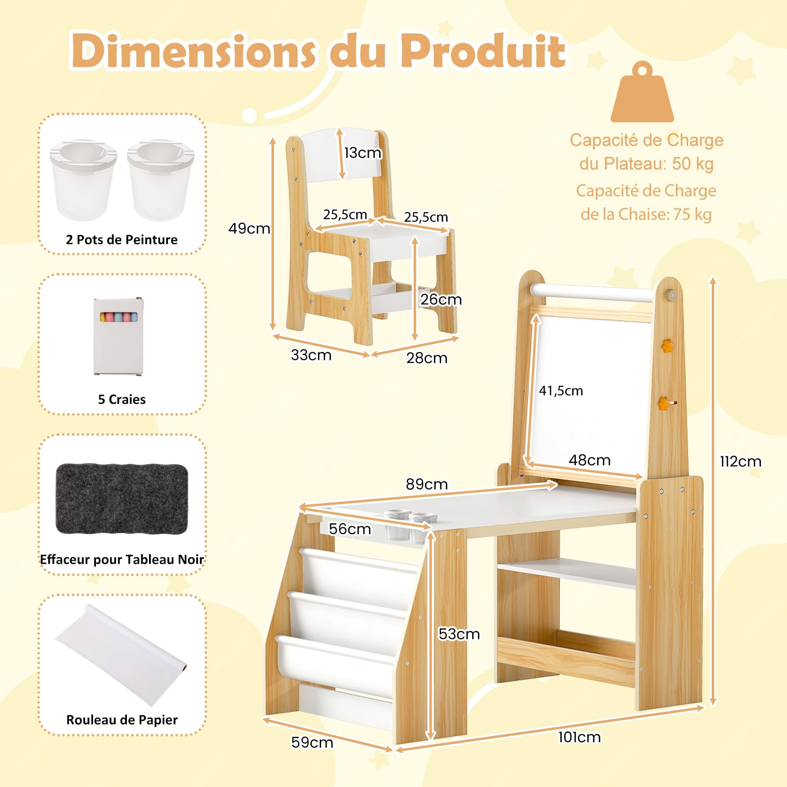 GOPLUS Table Enfant avec Chaise, Table à Dessin en Bois avec Tableau Noir/Blanc, Rouleau de Papier, Gomme, Craies, Gobelets de Peinture, Bureau Enfant en Bois avec Étagère (Naturel)