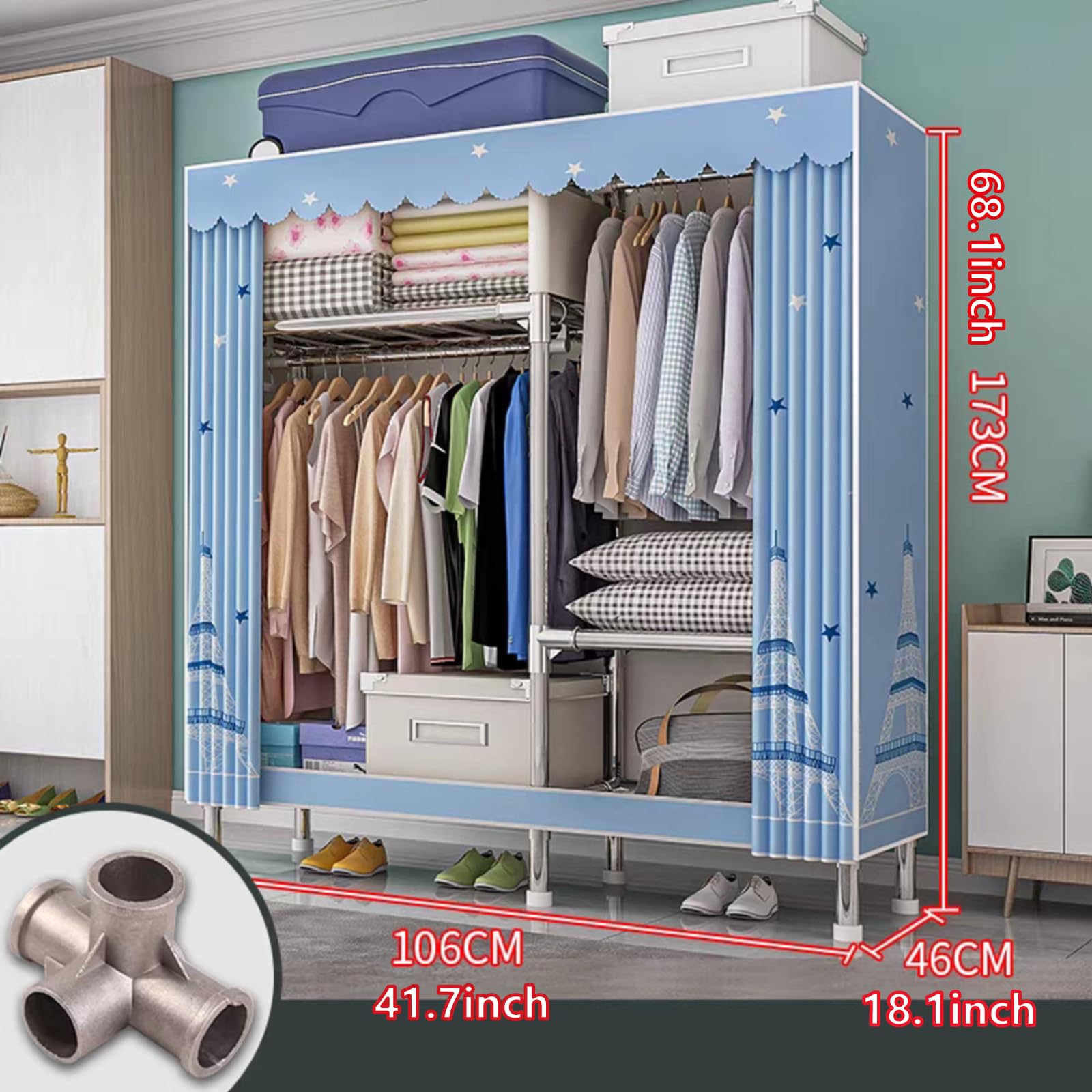 Kleiderschrank,Einfach Aus Stoff Faltschrank Stoffschrank Furniture Bedroom Wardrobes,Stoff Vorhang Für Garderobe Metall,Schrank Schlafzimmer (Blau)