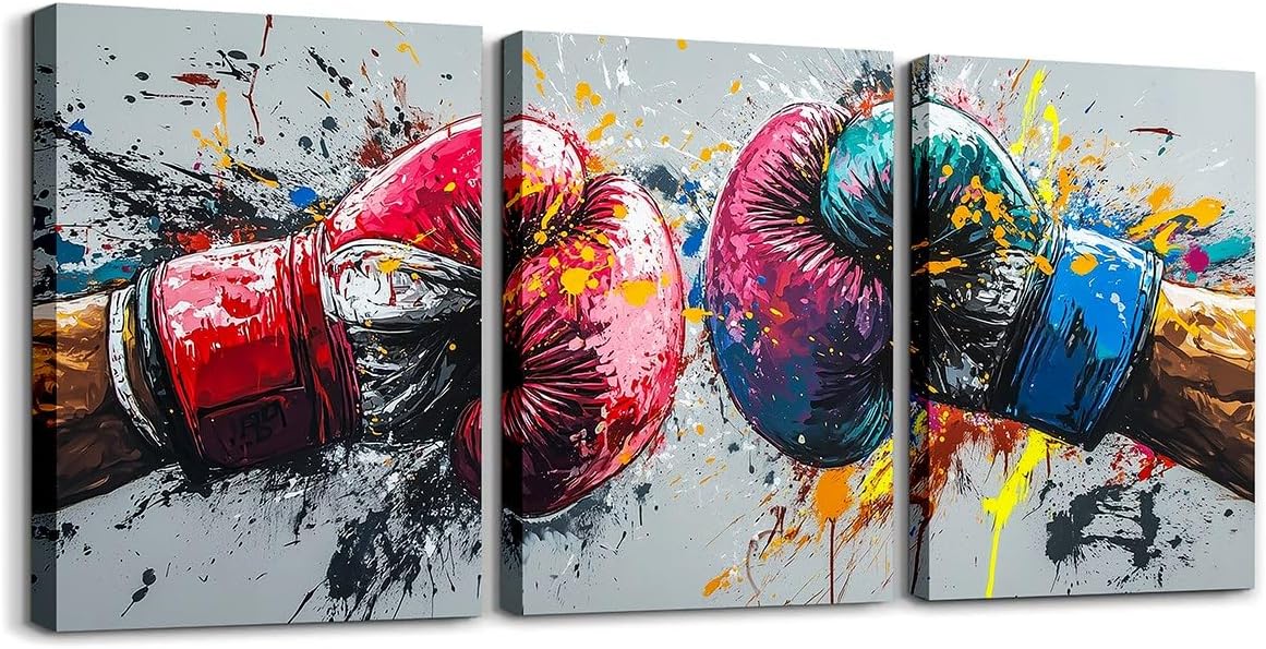 Erosebridal Boxing Poster, Boxing Sports Colorful Canvas Paintings Boxing Gloves Vintage Framed Wall Art For Kitchen Wall Decor, Picture Drawing Painting Room Decor Artwork Framed 12"X 16"X 3 Panel