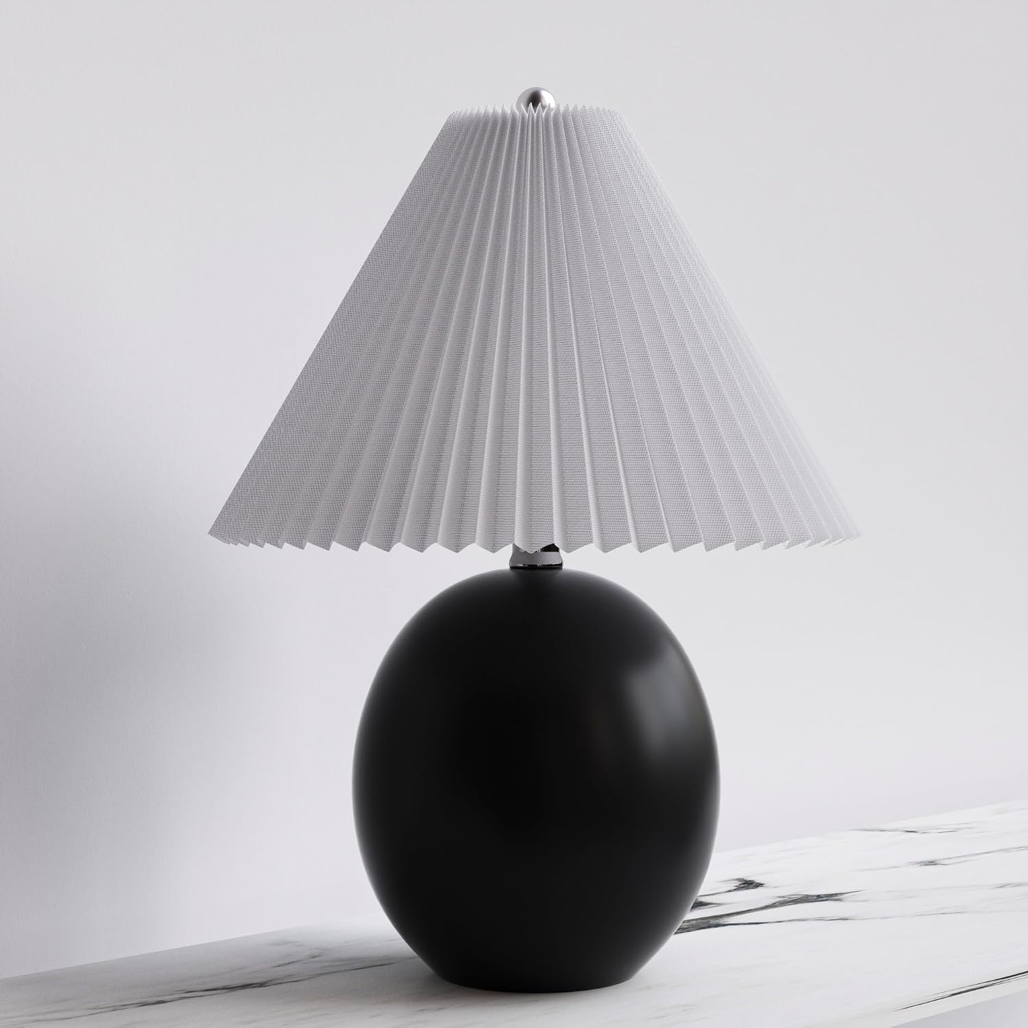 Maxax 20.5" Modern Ceramic Table Lamp for Living Room, Black Bedside Lamp with White Pleated Shade, Large Globe Bedroom Lamp for Nightstand