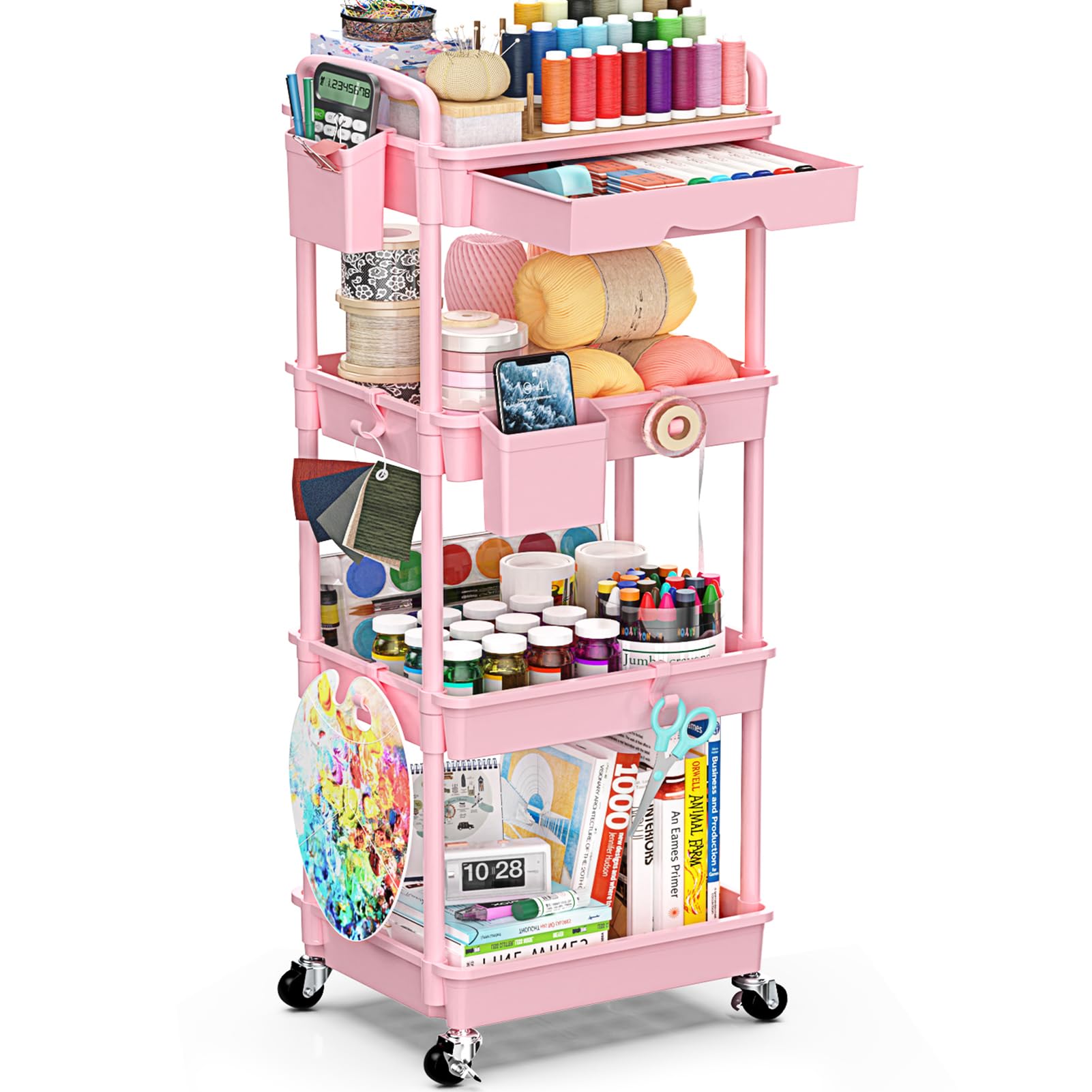 4 Tier Rolling Utility Cart with Drawer, Storage Organizer Cart with 2 Lockable Wheels, Multifunctional Rolling Storage Cart for Bathroom, Kitchen, Craft, Makeup, Baby Essentials, Pink